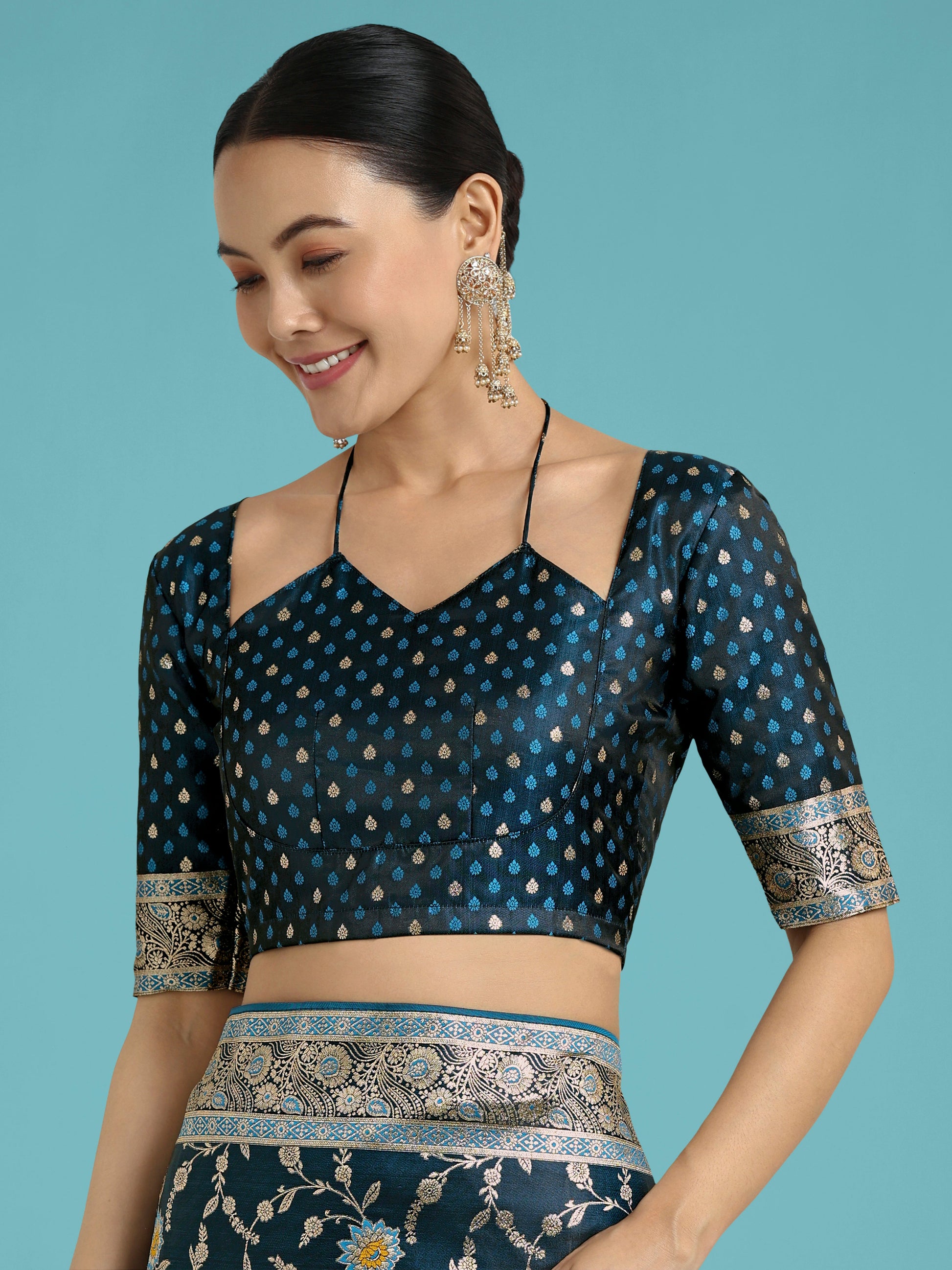 Monjolika Fashion Dark Teal Zari Woven Banarasi Classic Satin Silk Saree | Swadesiicart