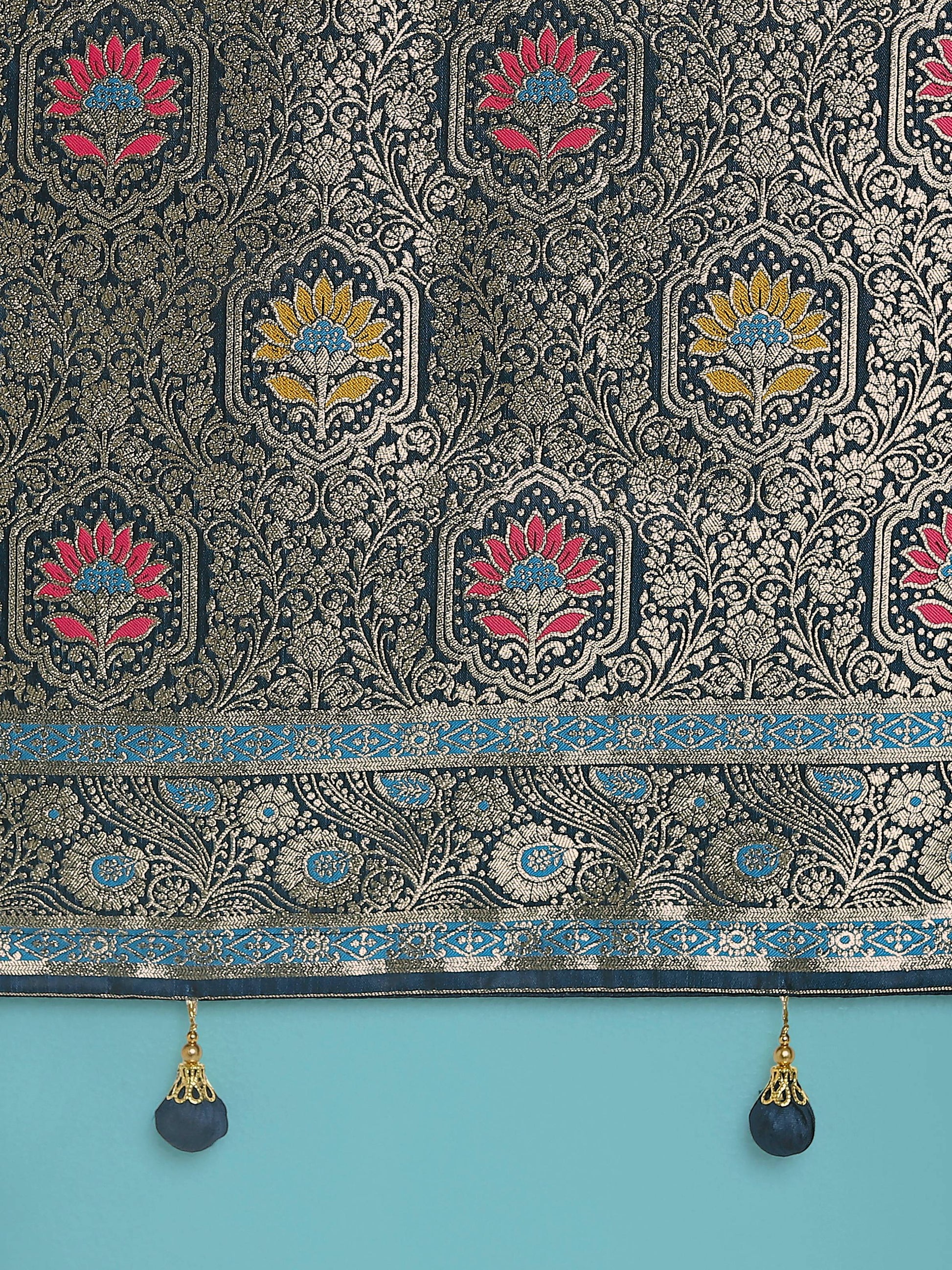 Monjolika Fashion Dark Teal Zari Woven Banarasi Classic Satin Silk Saree | Swadesiicart