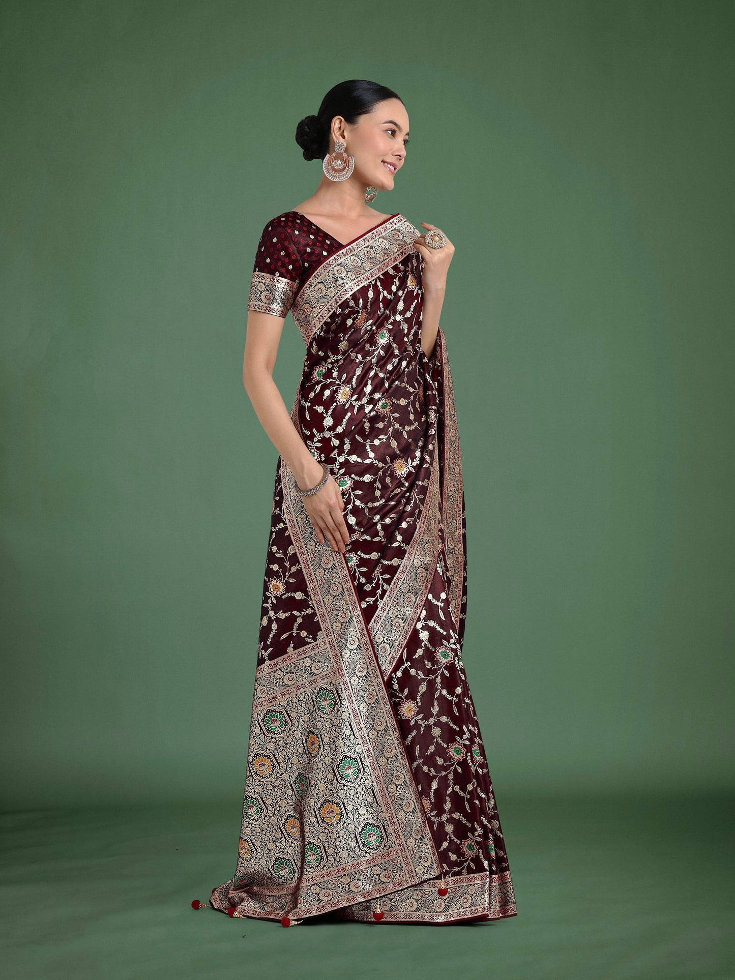 Monjolika Fashion Maroon Zari Woven Banarasi Classic Satin Silk Saree | Swadesiicart