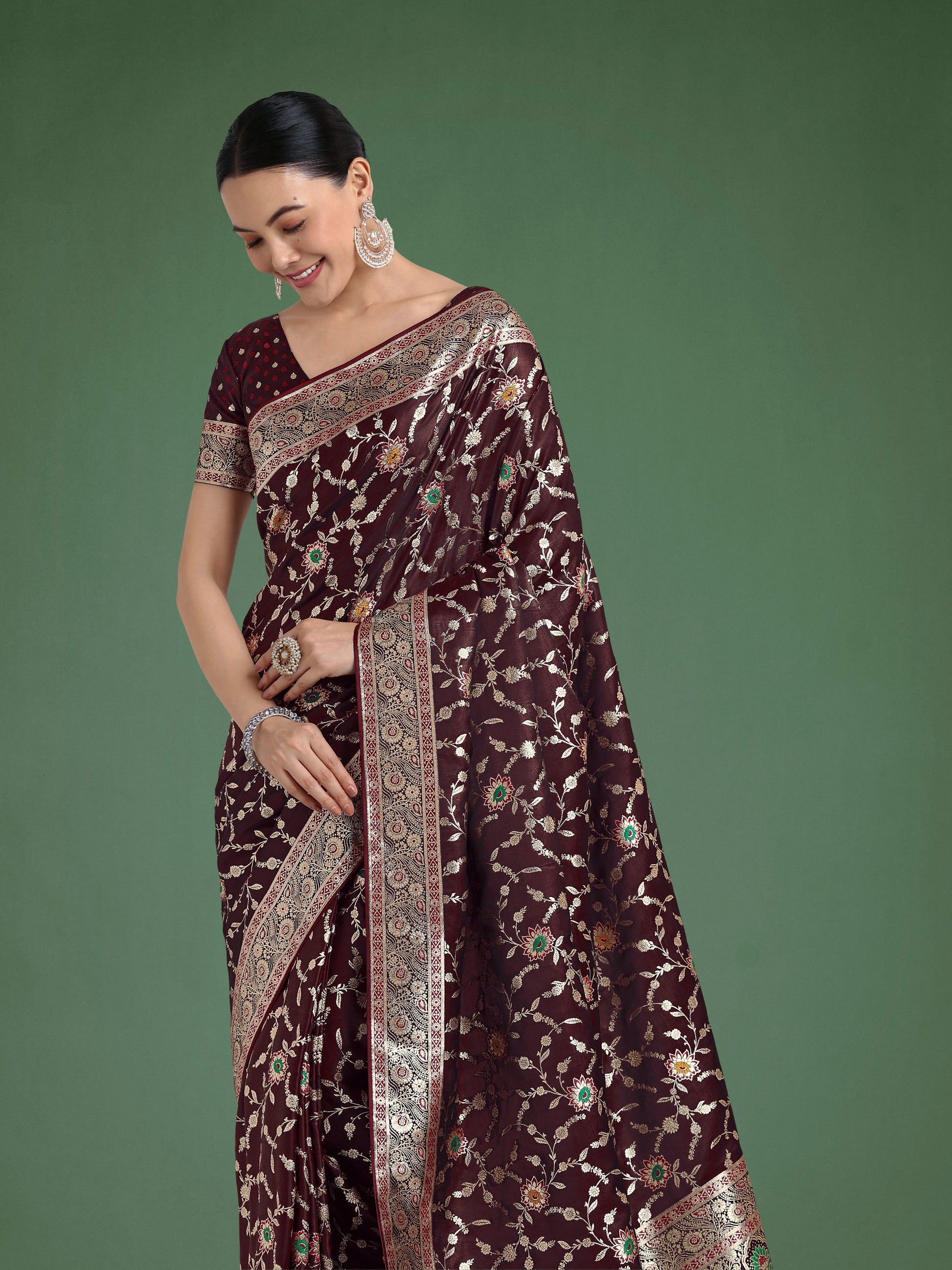 Monjolika Fashion Maroon Zari Woven Banarasi Classic Satin Silk Saree | Swadesiicart