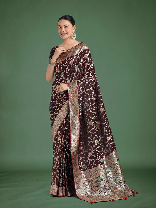 Monjolika Fashion Maroon Zari Woven Banarasi Classic Satin Silk Saree | Swadesiicart