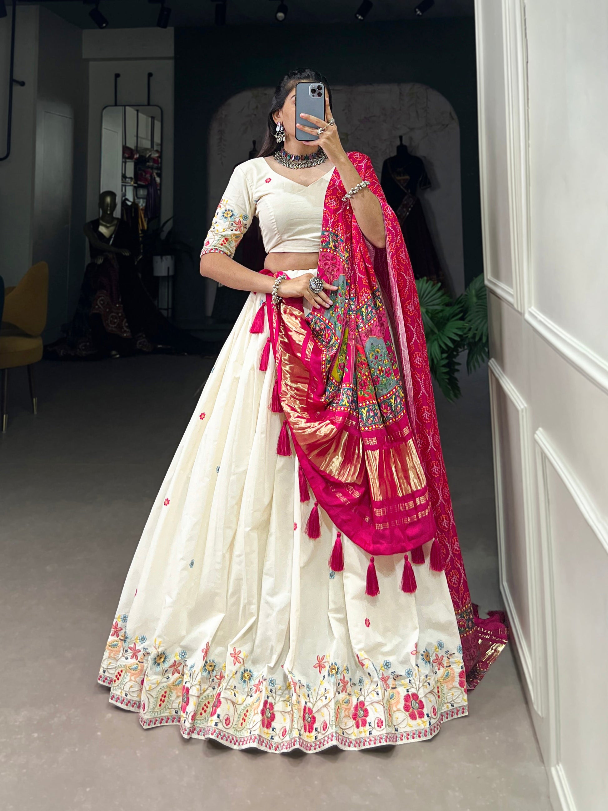Lorenvalley Off White Khadi cotton Sequins And Thread Embroidery Work Lehenga Choli | Swadesiicart