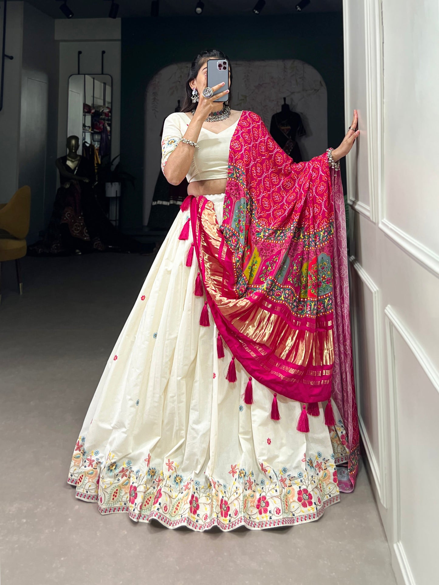 Lorenvalley Off White Khadi cotton Sequins And Thread Embroidery Work Lehenga Choli | Swadesiicart
