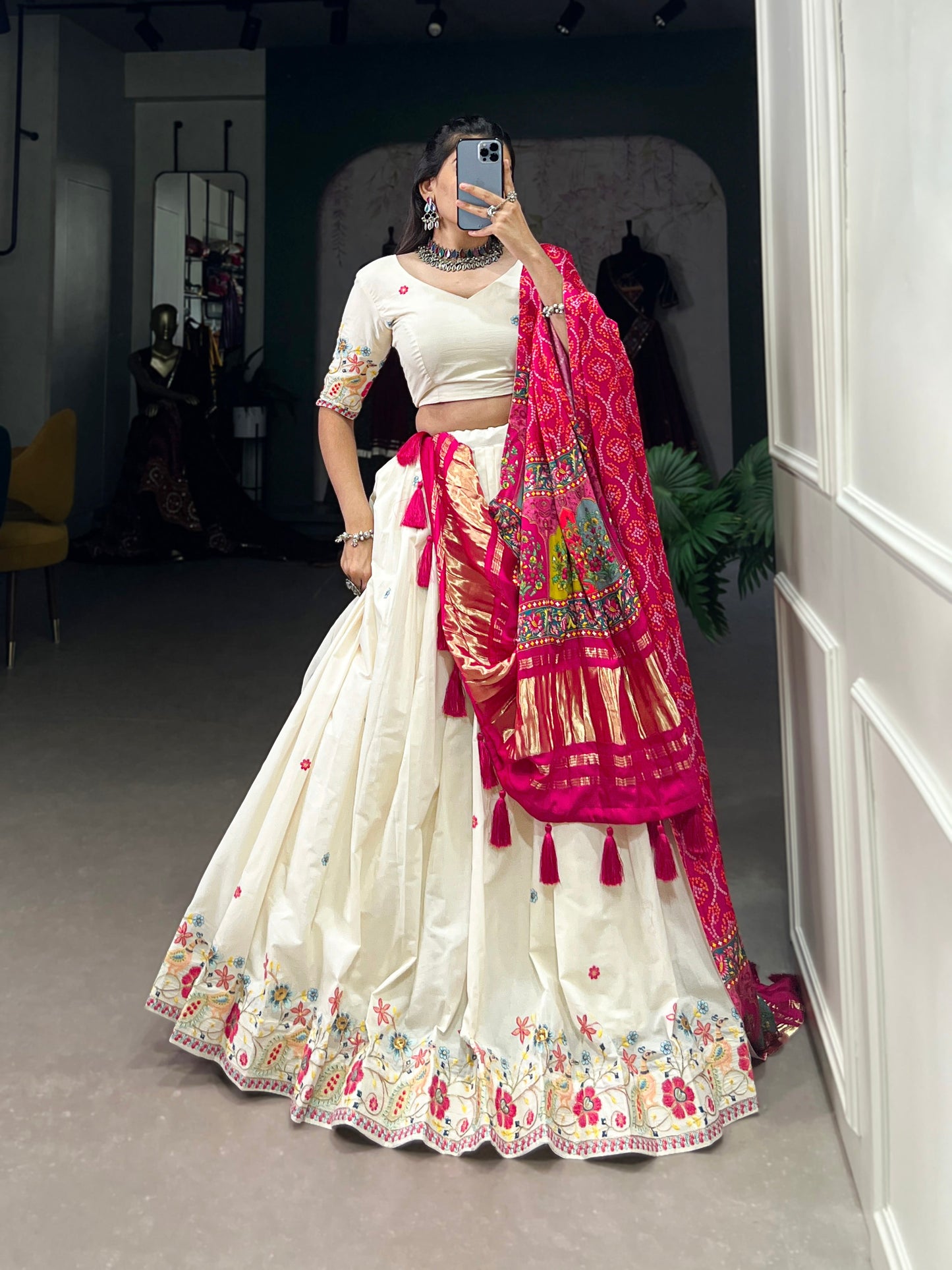Lorenvalley Off White Khadi cotton Sequins And Thread Embroidery Work Lehenga Choli | Swadesiicart