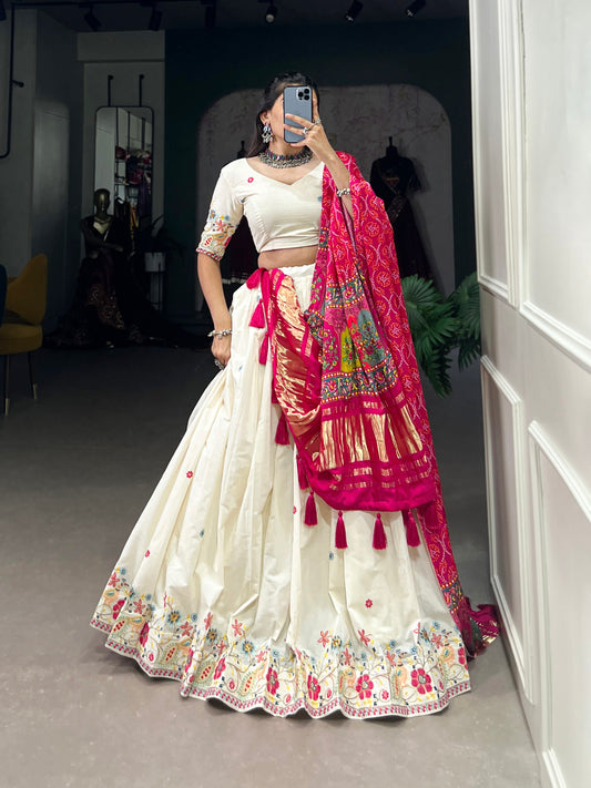 Lorenvalley Off White Khadi cotton Sequins And Thread Embroidery Work Lehenga Choli | Swadesiicart