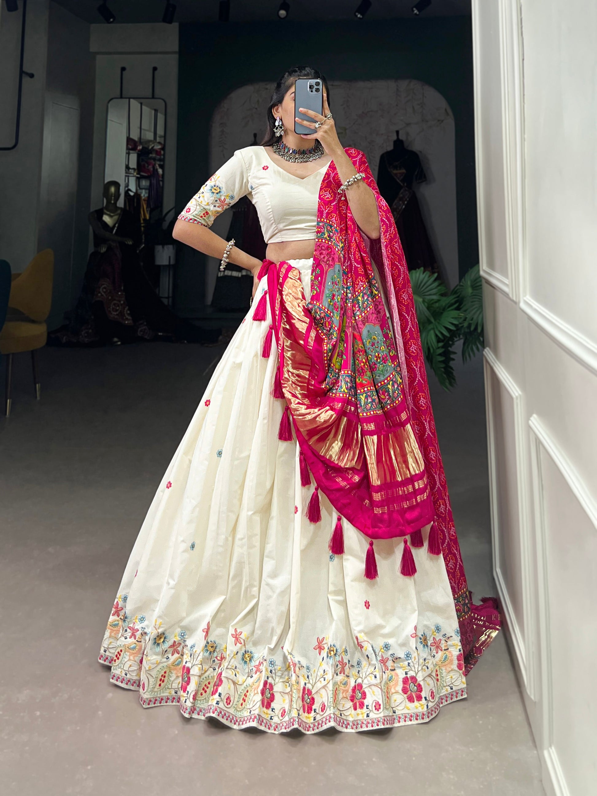 Lorenvalley Off White Khadi cotton Sequins And Thread Embroidery Work Lehenga Choli | Swadesiicart