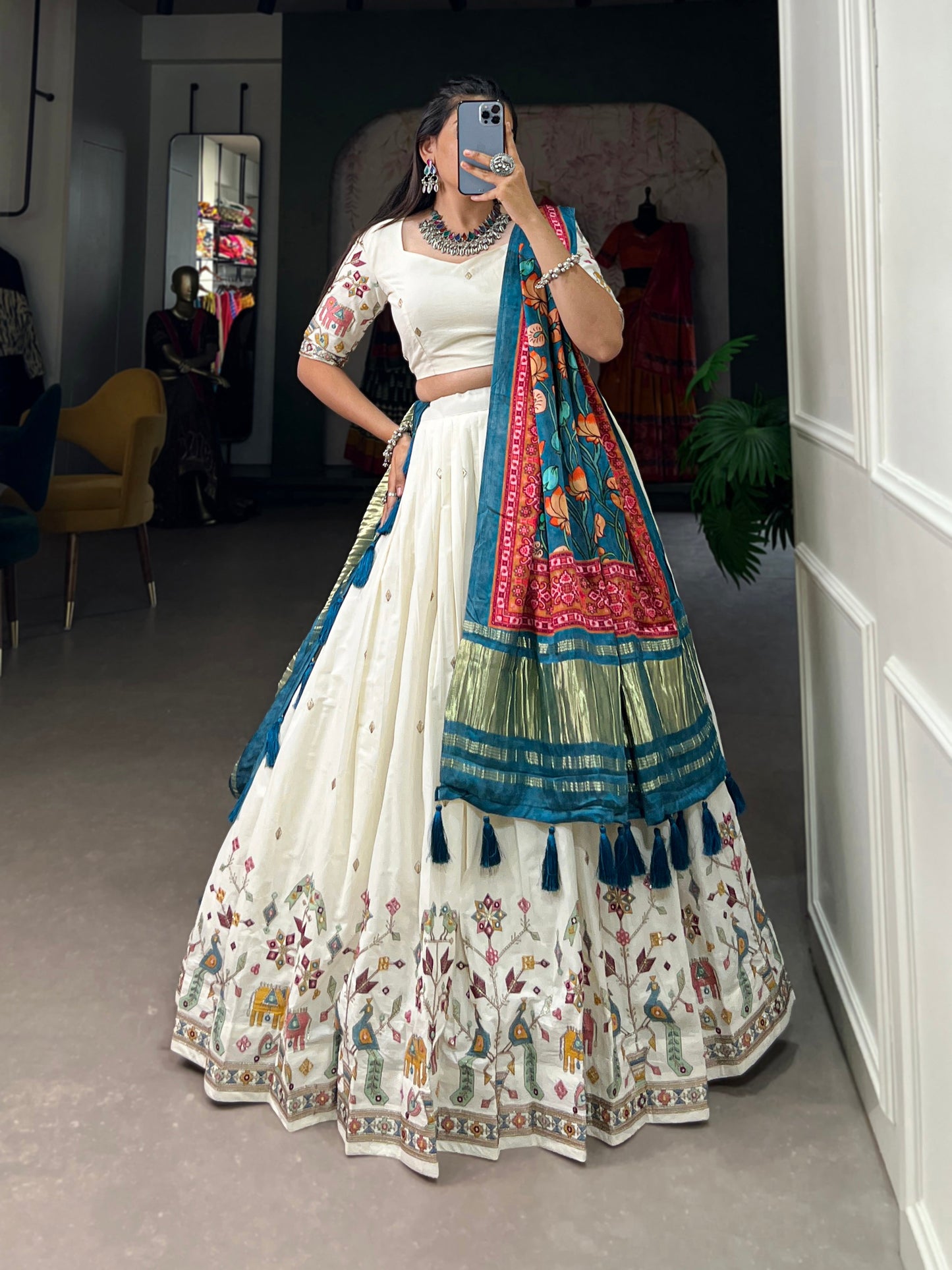 Lorenvalley Off White Khadi cotton Sequins And Thread Embroidery Work Lehenga Choli | Swadesiicart