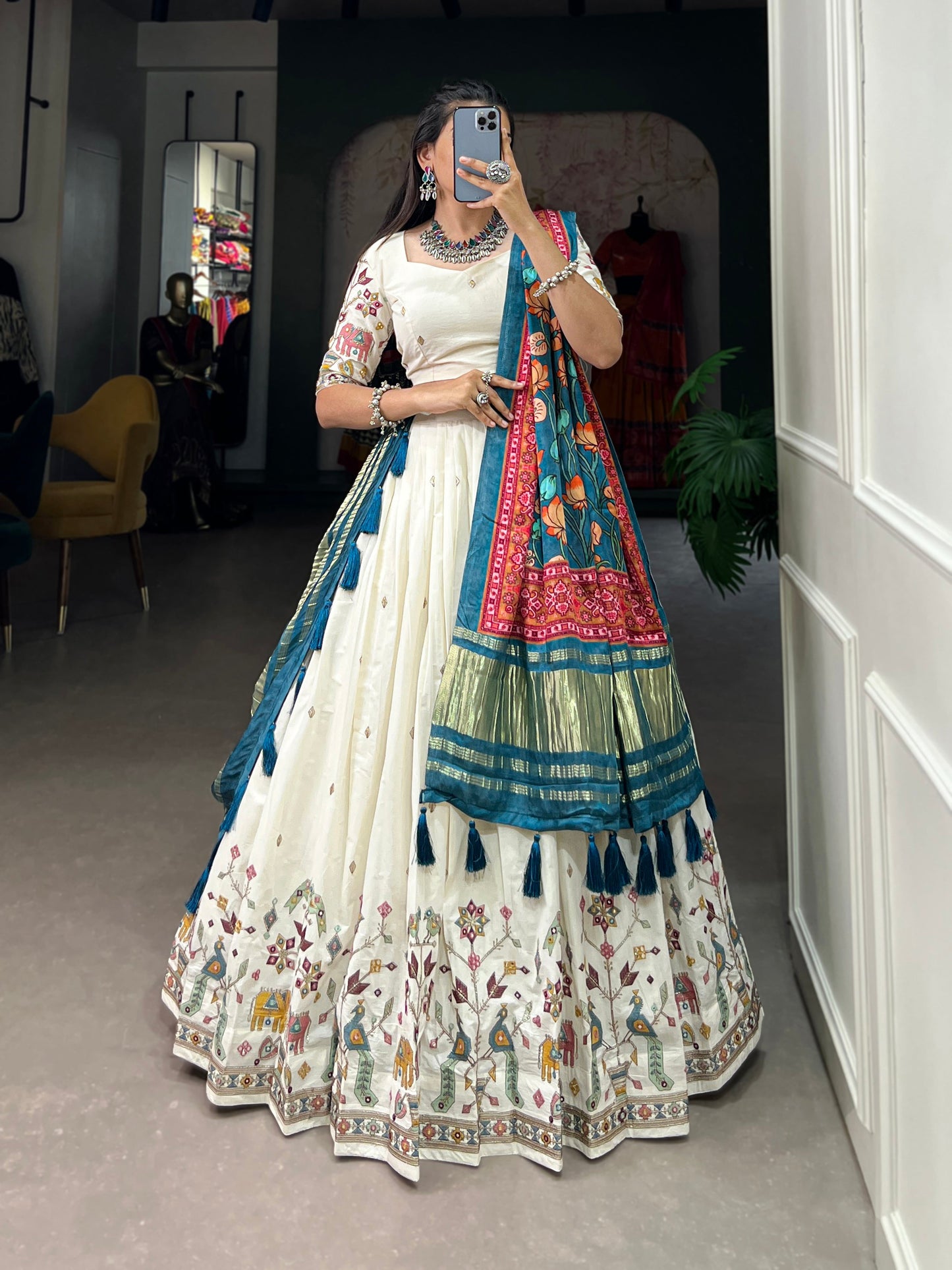 Lorenvalley Off White Khadi cotton Sequins And Thread Embroidery Work Lehenga Choli | Swadesiicart