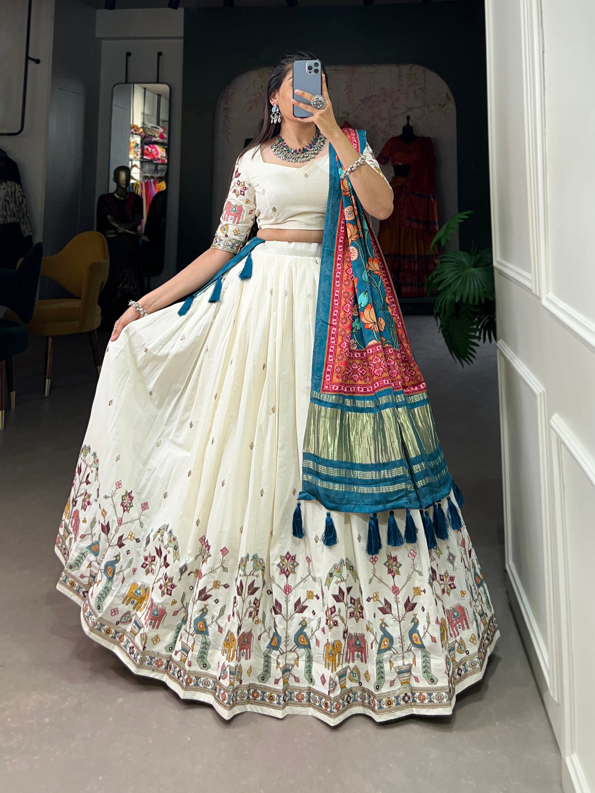 Lorenvalley Off White Khadi cotton Sequins And Thread Embroidery Work Lehenga Choli | Swadesiicart