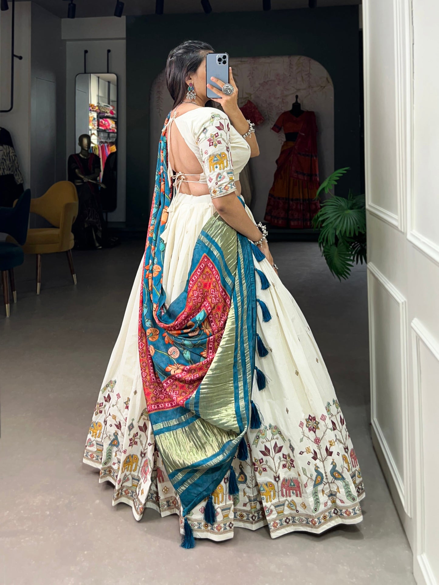 Lorenvalley Off White Khadi cotton Sequins And Thread Embroidery Work Lehenga Choli | Swadesiicart