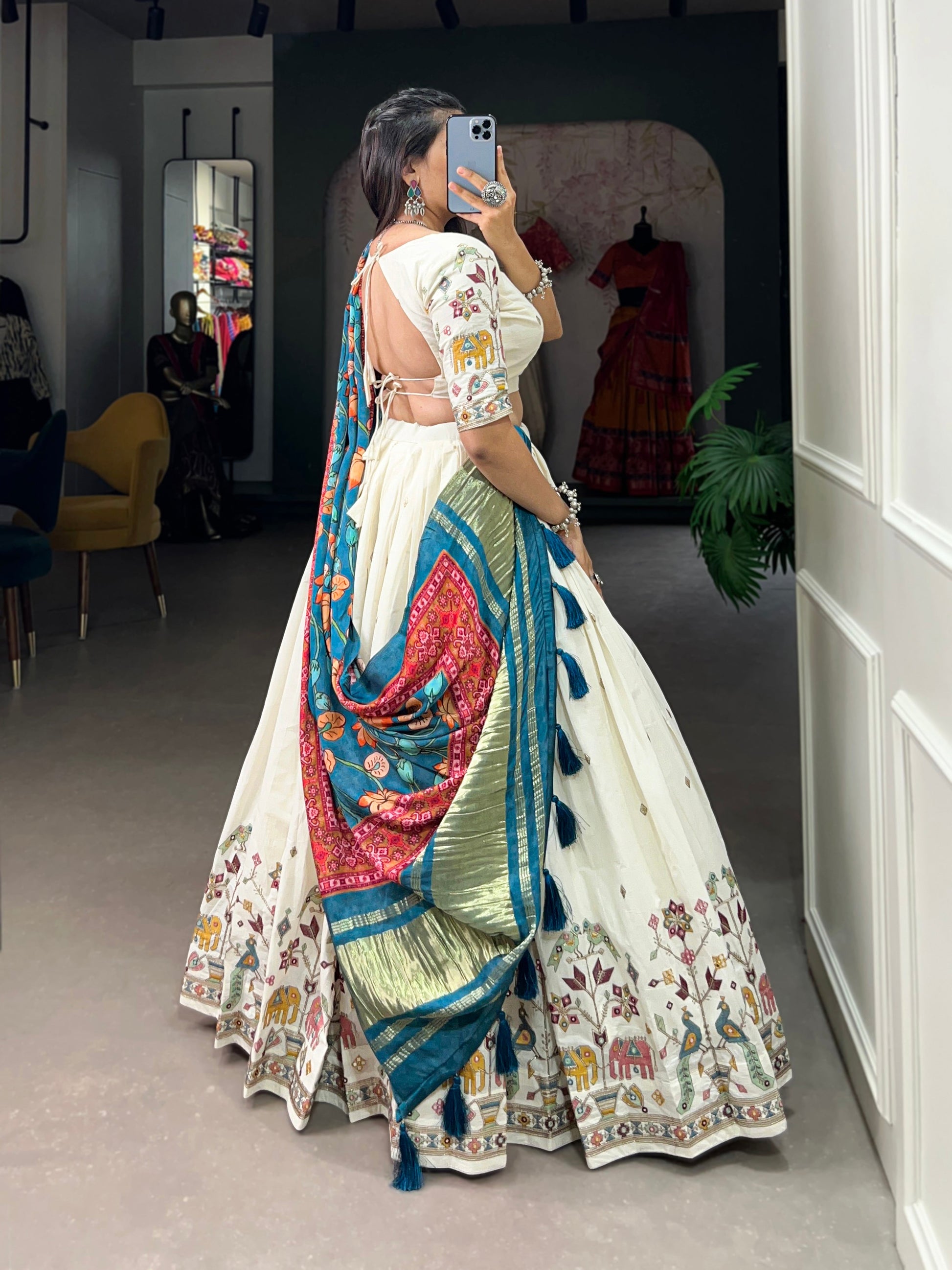 Lorenvalley Off White Khadi cotton Sequins And Thread Embroidery Work Lehenga Choli | Swadesiicart