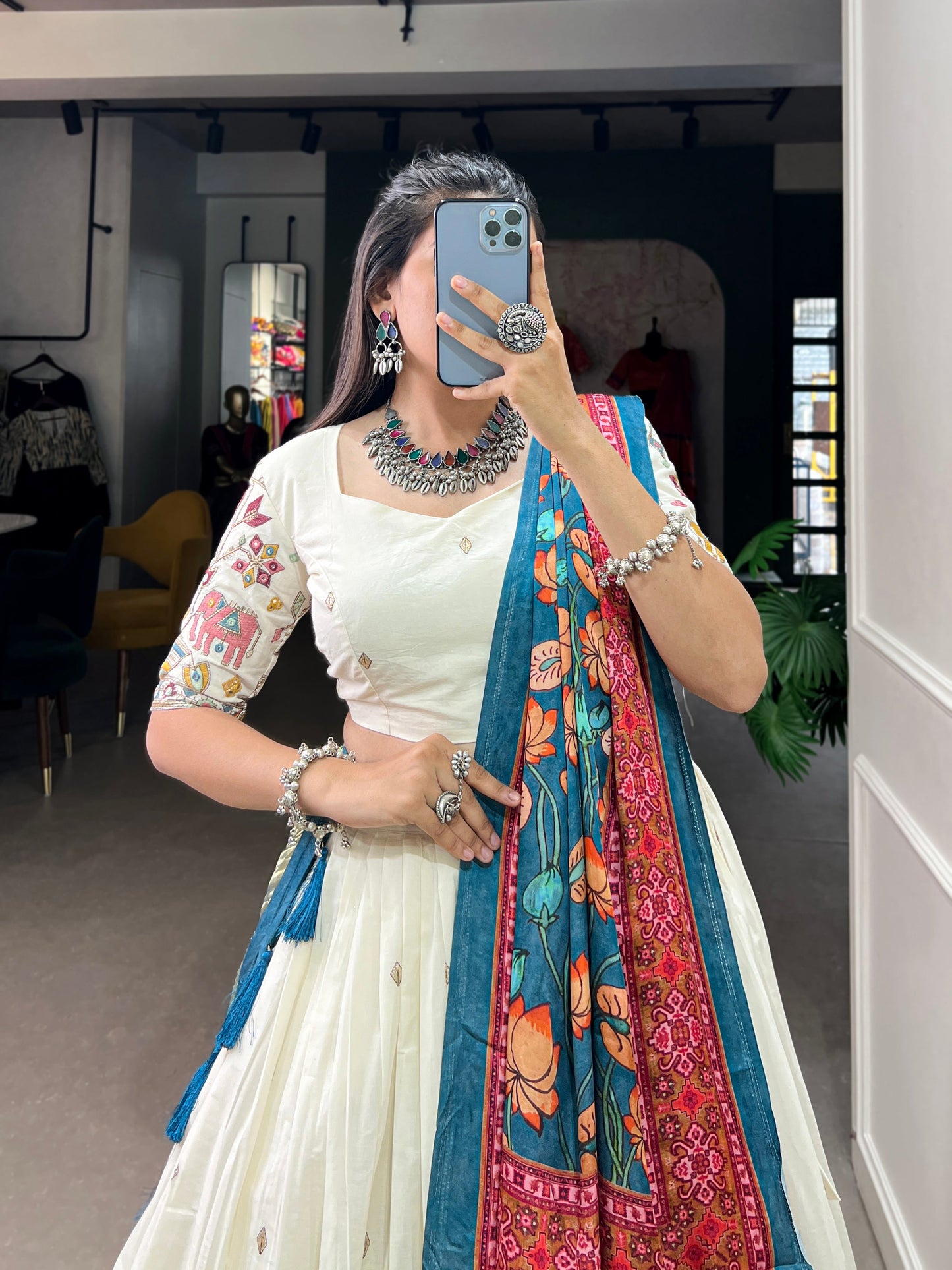 Lorenvalley Off White Khadi cotton Sequins And Thread Embroidery Work Lehenga Choli | Swadesiicart