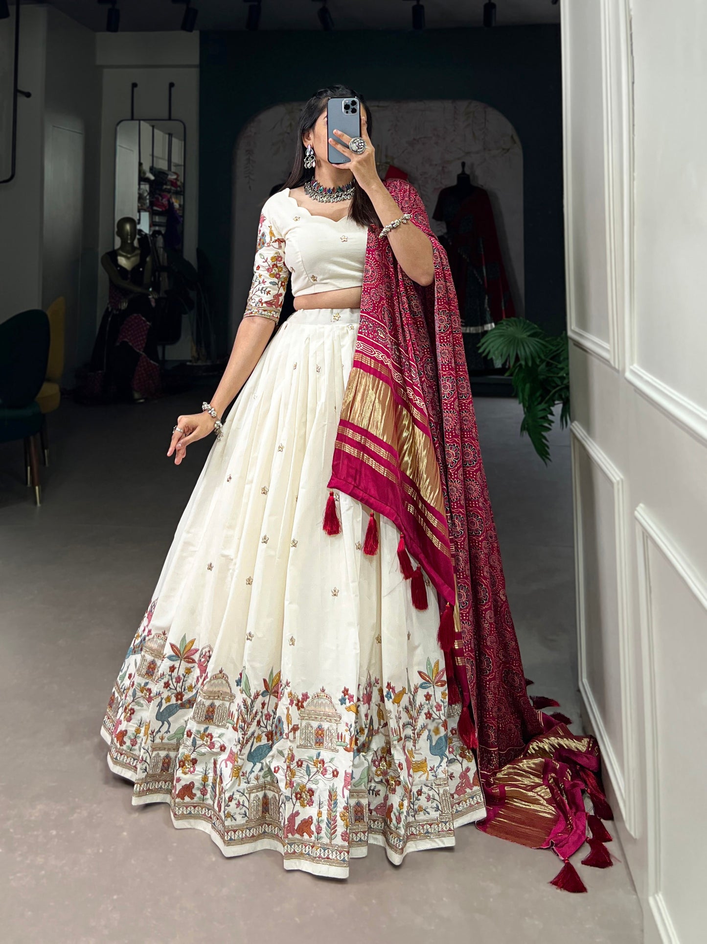 Lorenvalley Off White Khadi cotton Sequins And Thread Embroidery Work Lehenga Choli | Swadesiicart