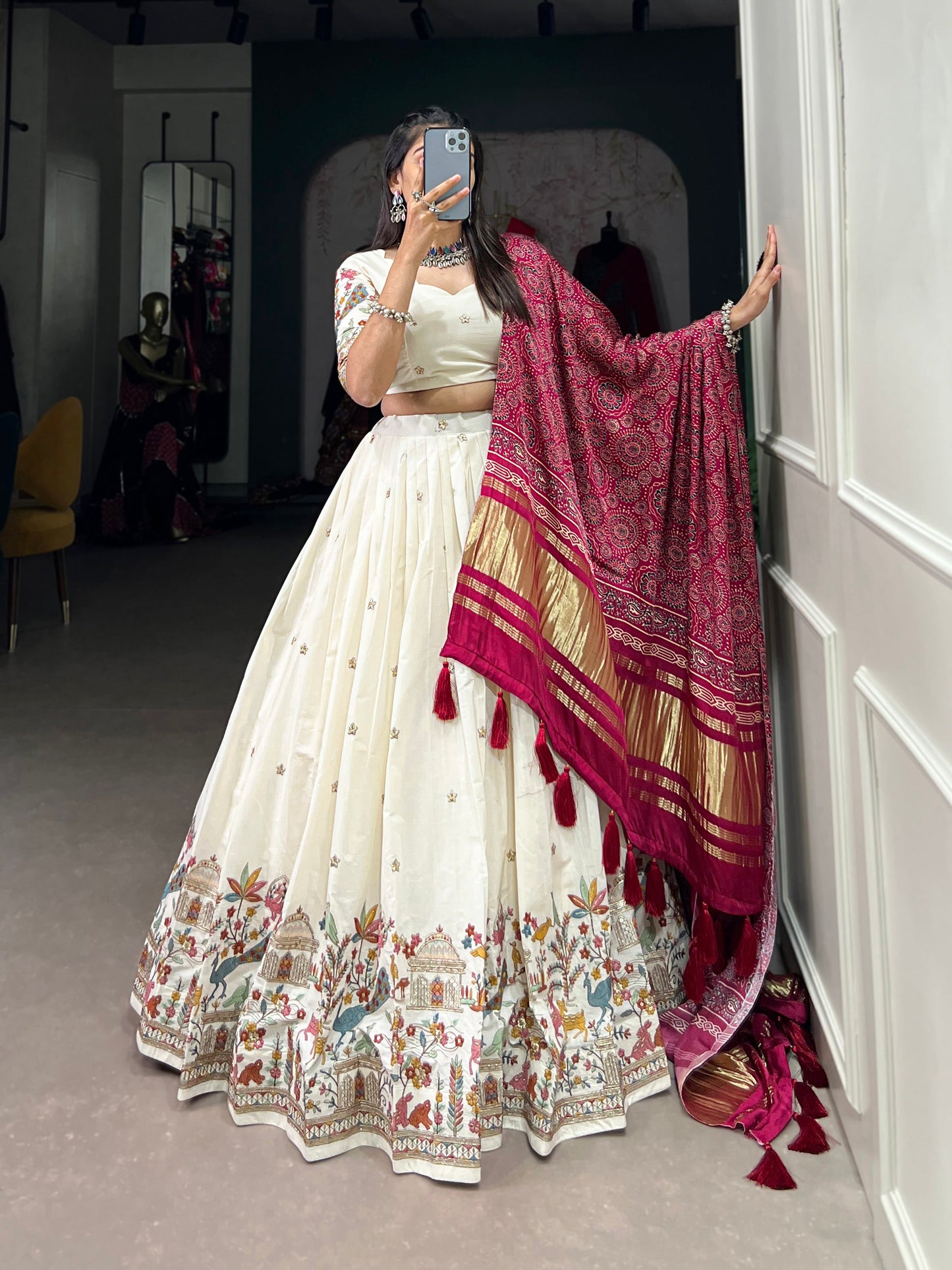 Lorenvalley Off White Khadi cotton Sequins And Thread Embroidery Work Lehenga Choli | Swadesiicart