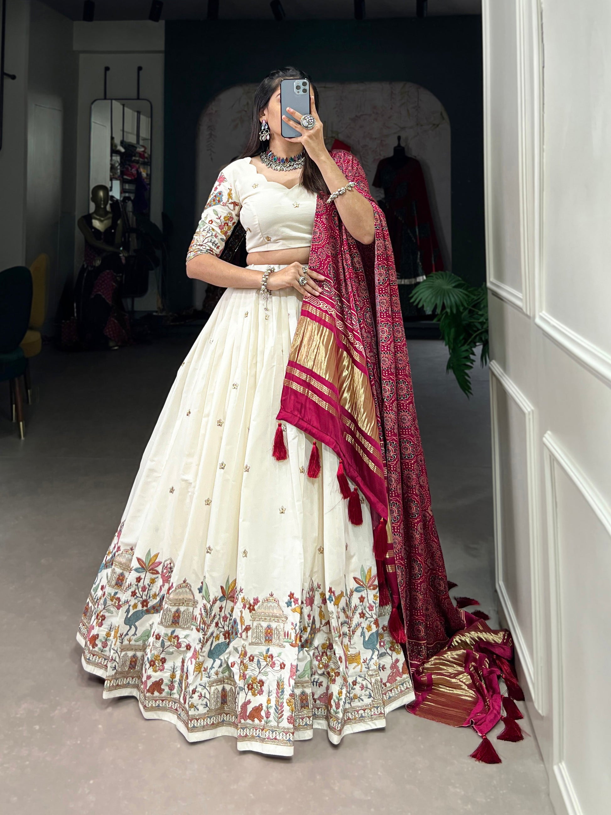 Lorenvalley Off White Khadi cotton Sequins And Thread Embroidery Work Lehenga Choli | Swadesiicart