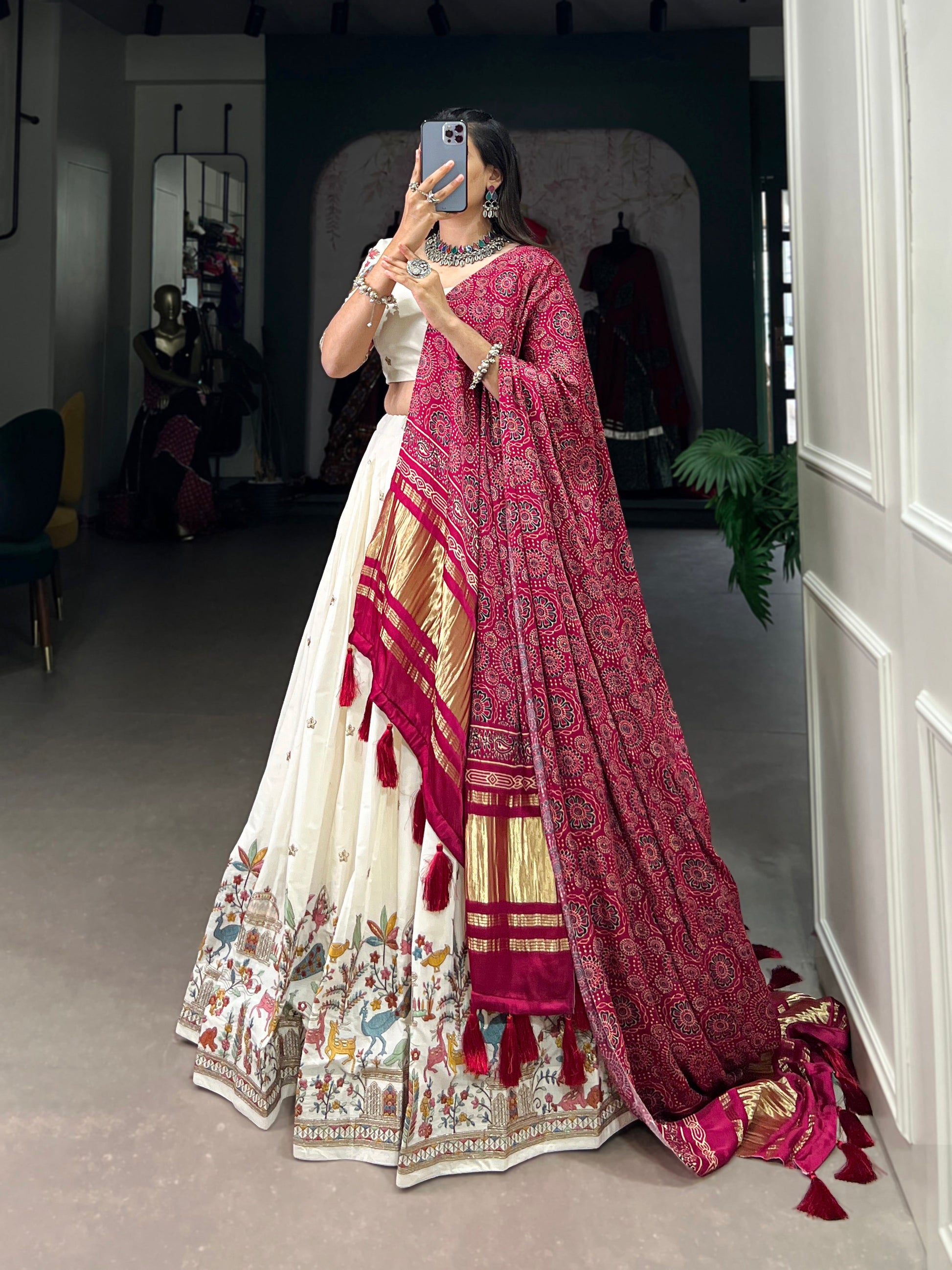 Lorenvalley Off White Khadi cotton Sequins And Thread Embroidery Work Lehenga Choli | Swadesiicart