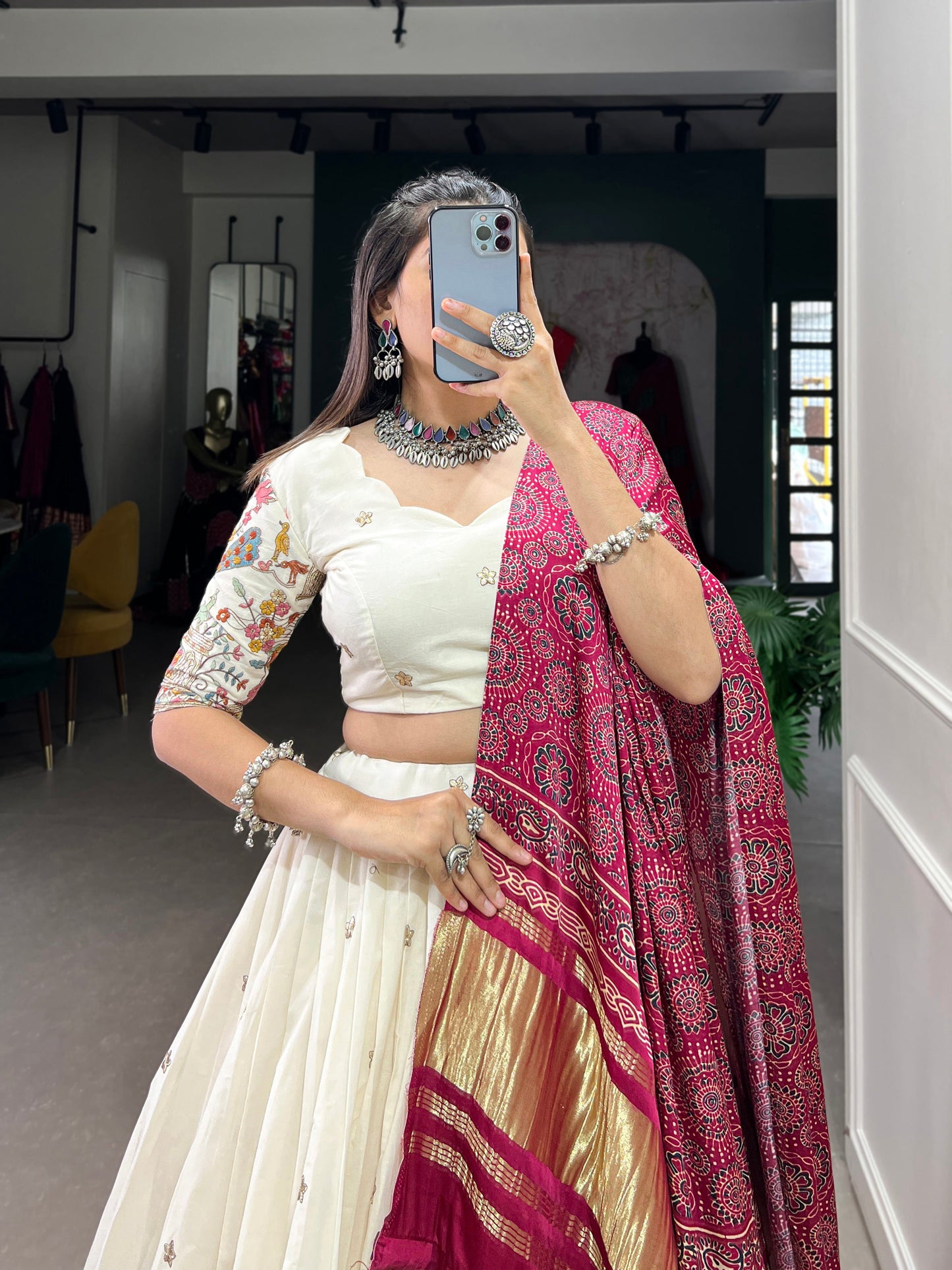 Lorenvalley Off White Khadi cotton Sequins And Thread Embroidery Work Lehenga Choli | Swadesiicart