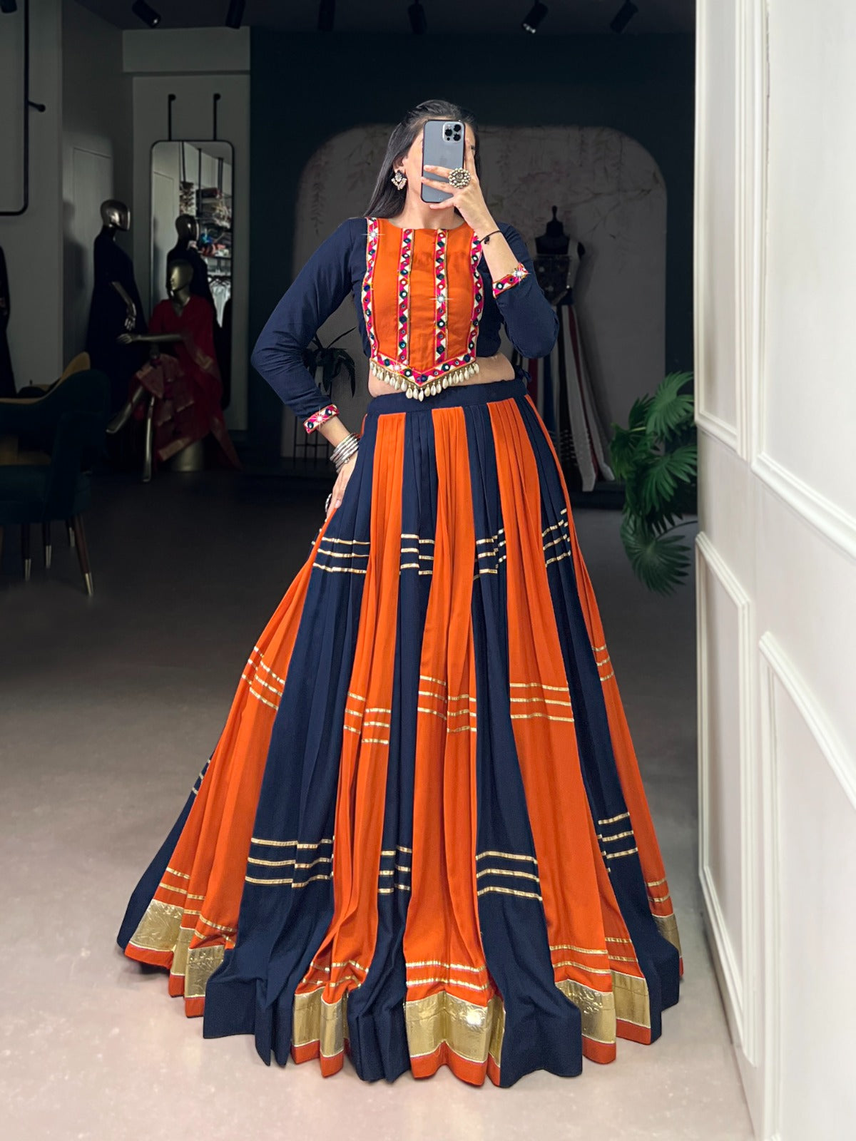Lorenvalley Fashion Multicolor Pure Rayon Embossed Design With Gotta Patti Lace Touch Up Lehenga Choli | Swadesiicart