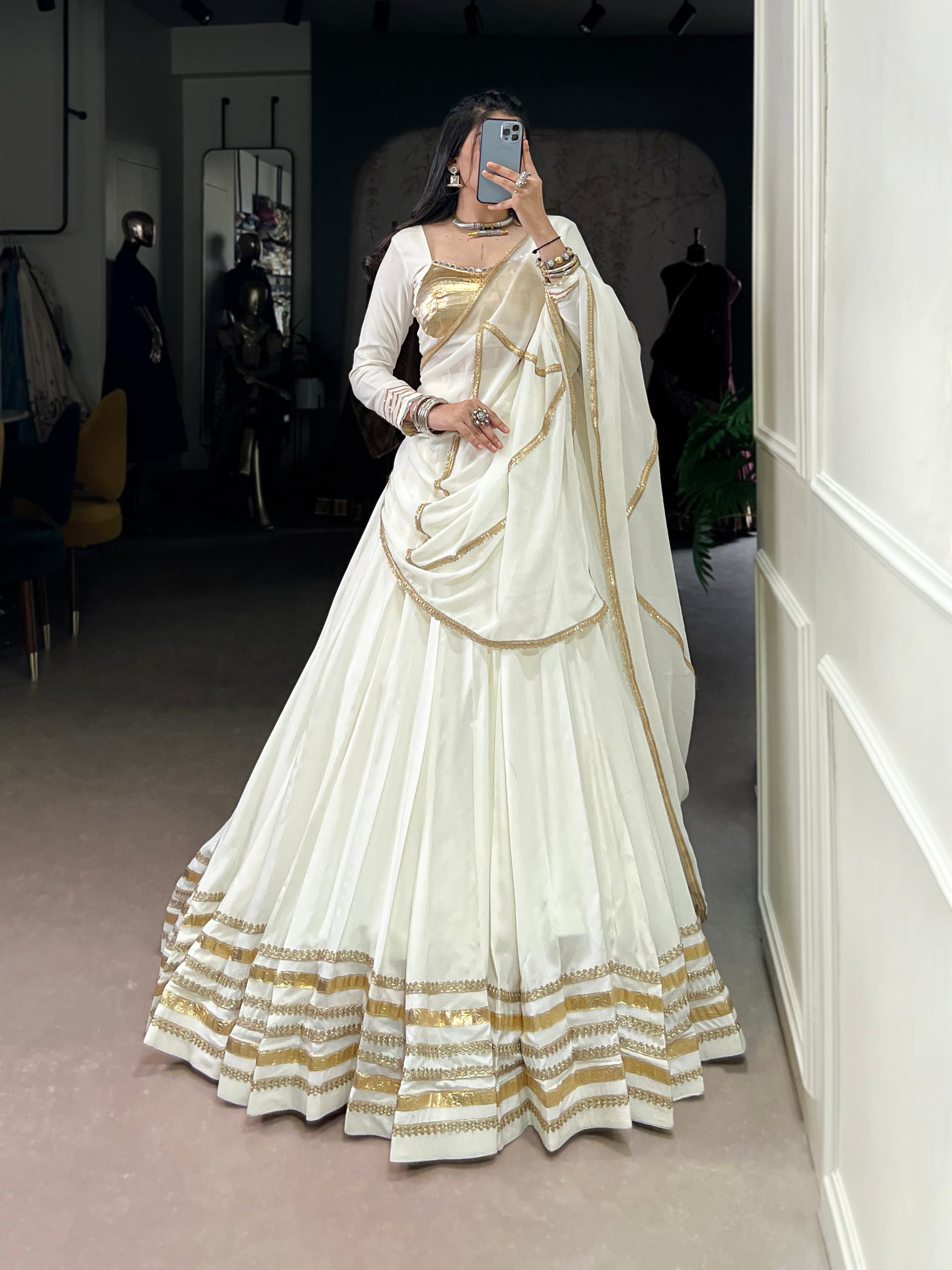 Lorenvalley Fashion White Pure Rayon Lace Touch Up Lehenga Choli with Dupatta - Swadesiicart