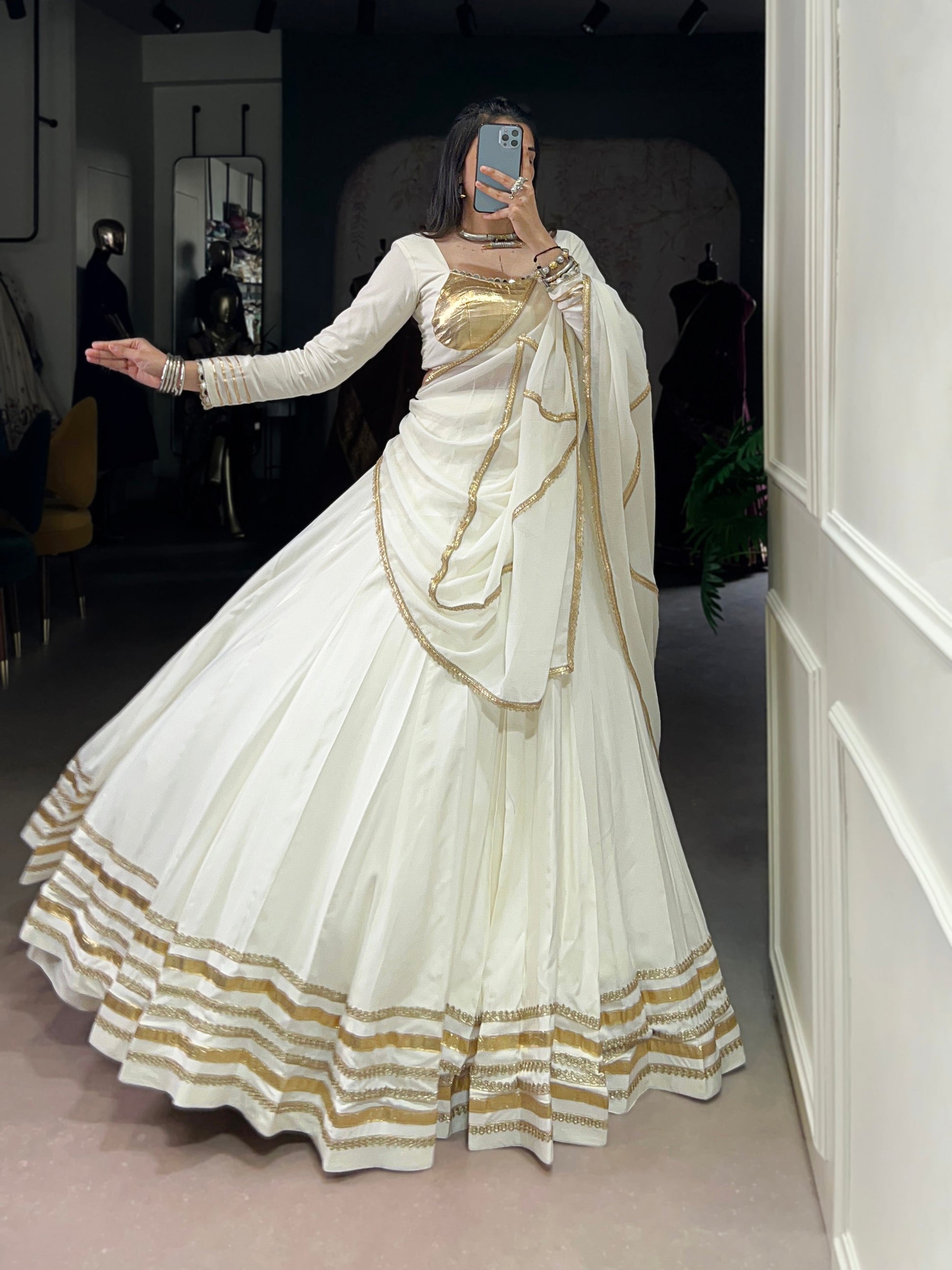 Lorenvalley Fashion White Pure Rayon Lace Touch Up Lehenga Choli with Dupatta - Swadesiicart