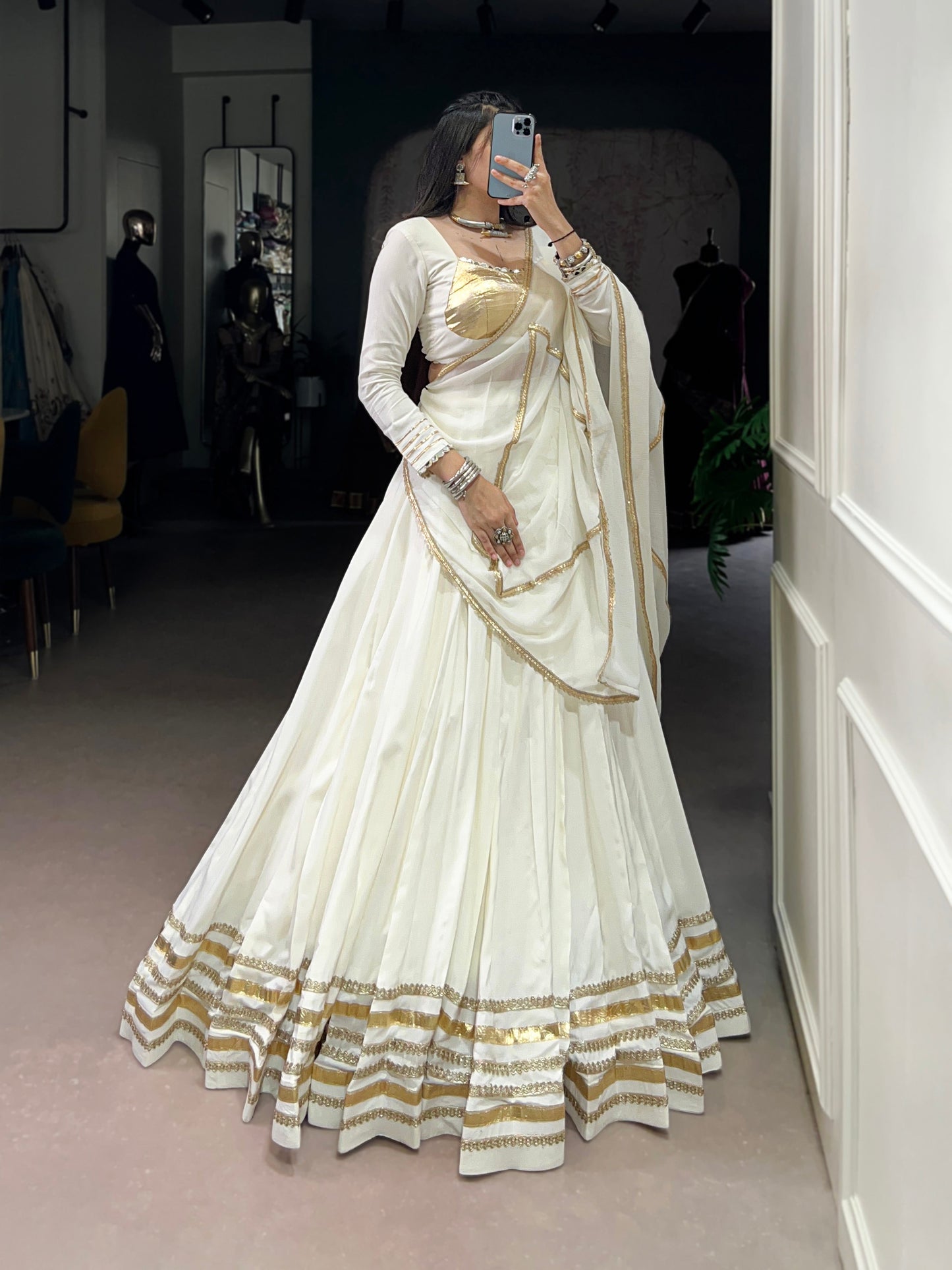 Lorenvalley Fashion White Pure Rayon Lace Touch Up Lehenga Choli with Dupatta - Swadesiicart