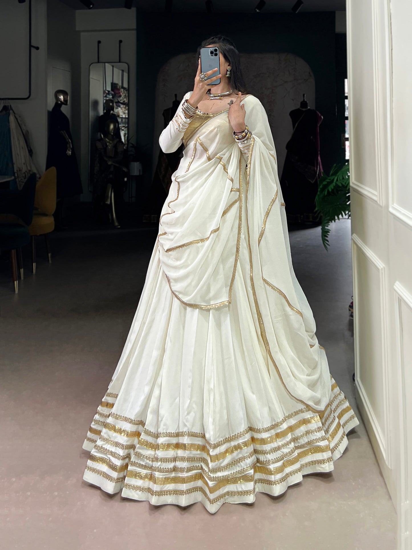 Lorenvalley Fashion White Pure Rayon Lace Touch Up Lehenga Choli with Dupatta - Swadesiicart