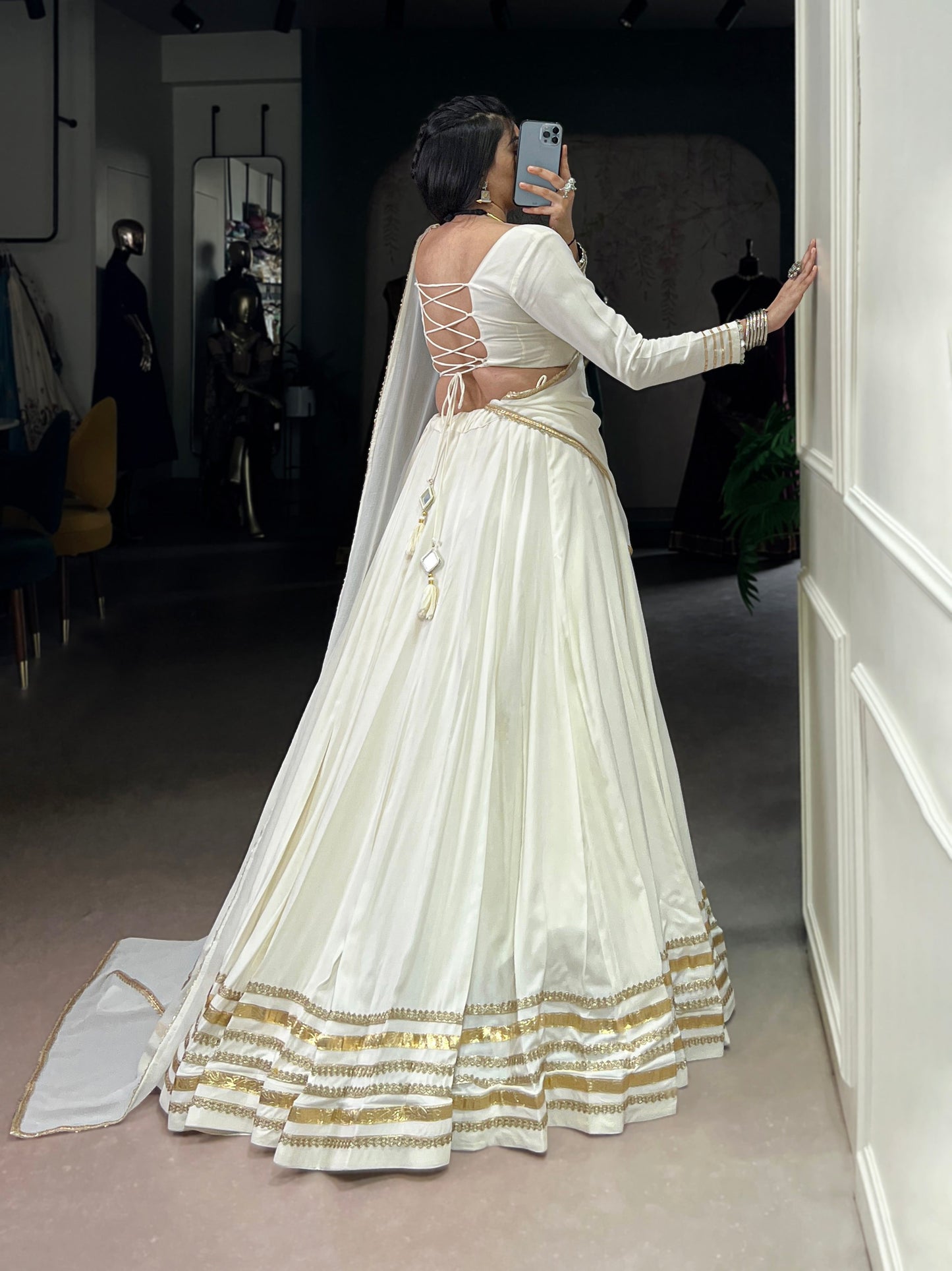 Lorenvalley Fashion White Pure Rayon Lace Touch Up Lehenga Choli with Dupatta - Swadesiicart