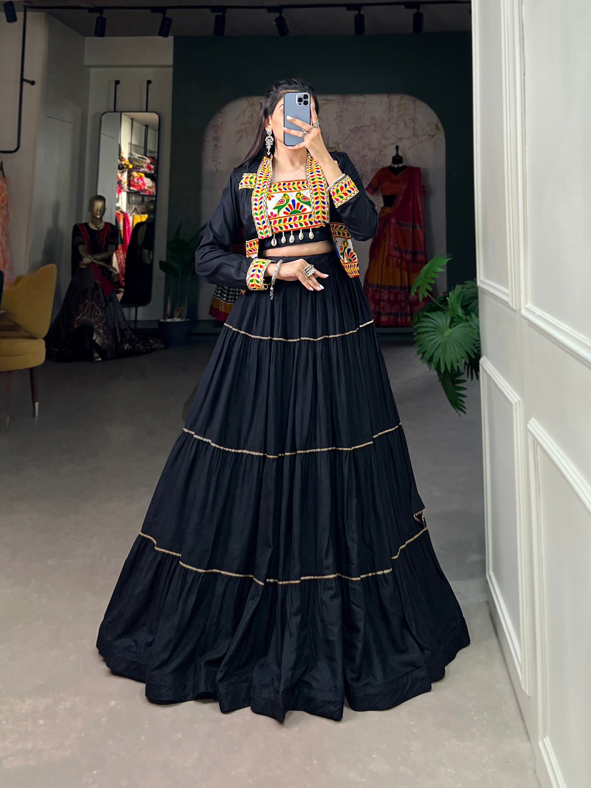 Lorenvalley Fashion Black Pure Rayon Plain With Gota Patti Touch Up Lehenga Choli with Koti | Swadesiicart