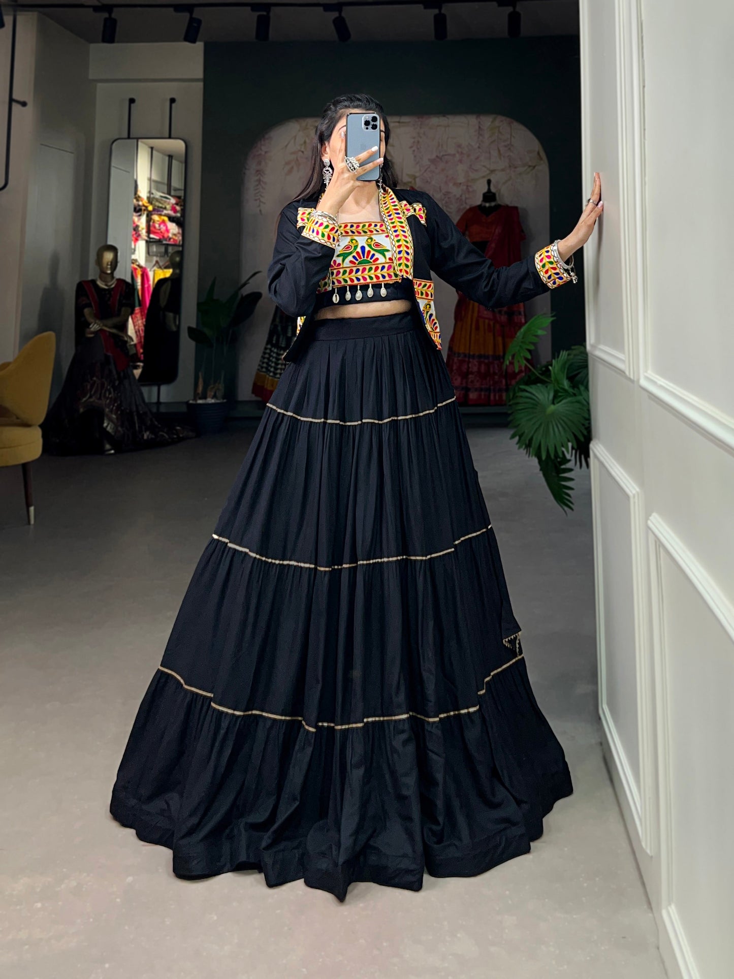 Lorenvalley Fashion Black Pure Rayon Plain With Gota Patti Touch Up Lehenga Choli with Koti | Swadesiicart