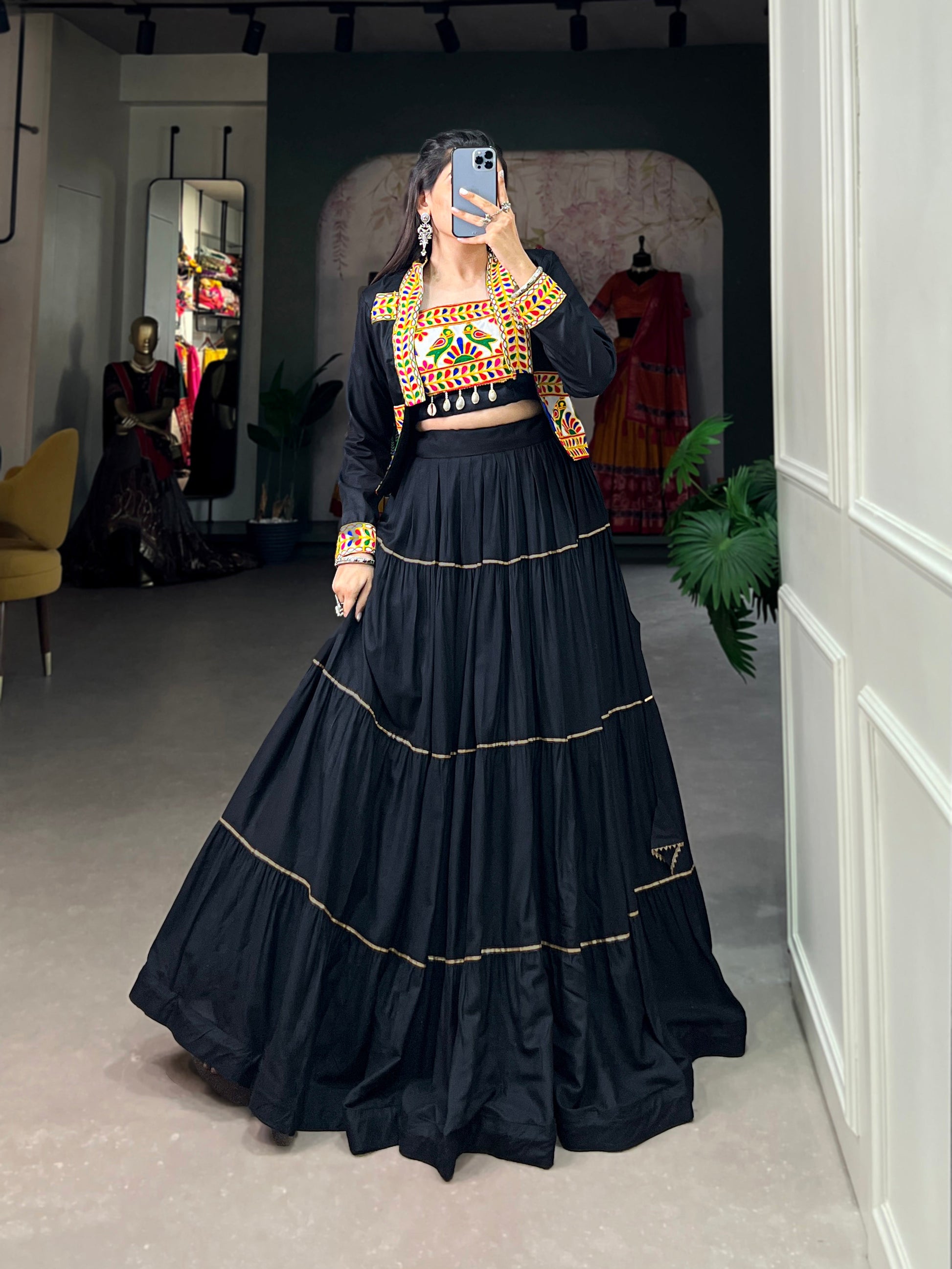 Lorenvalley Fashion Black Pure Rayon Plain With Gota Patti Touch Up Lehenga Choli with Koti | Swadesiicart