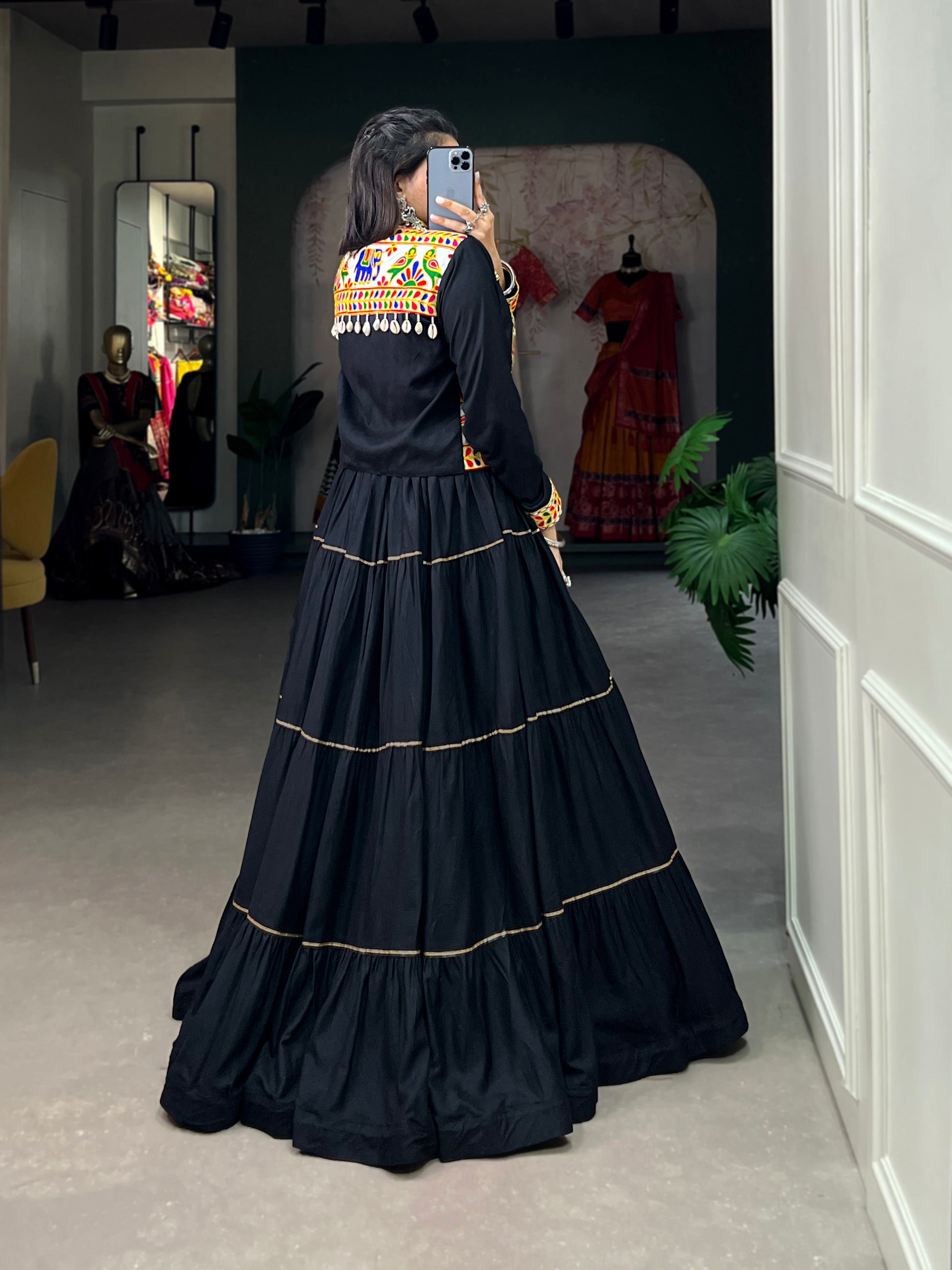 Lorenvalley Fashion Black Pure Rayon Plain With Gota Patti Touch Up Lehenga Choli with Koti | Swadesiicart
