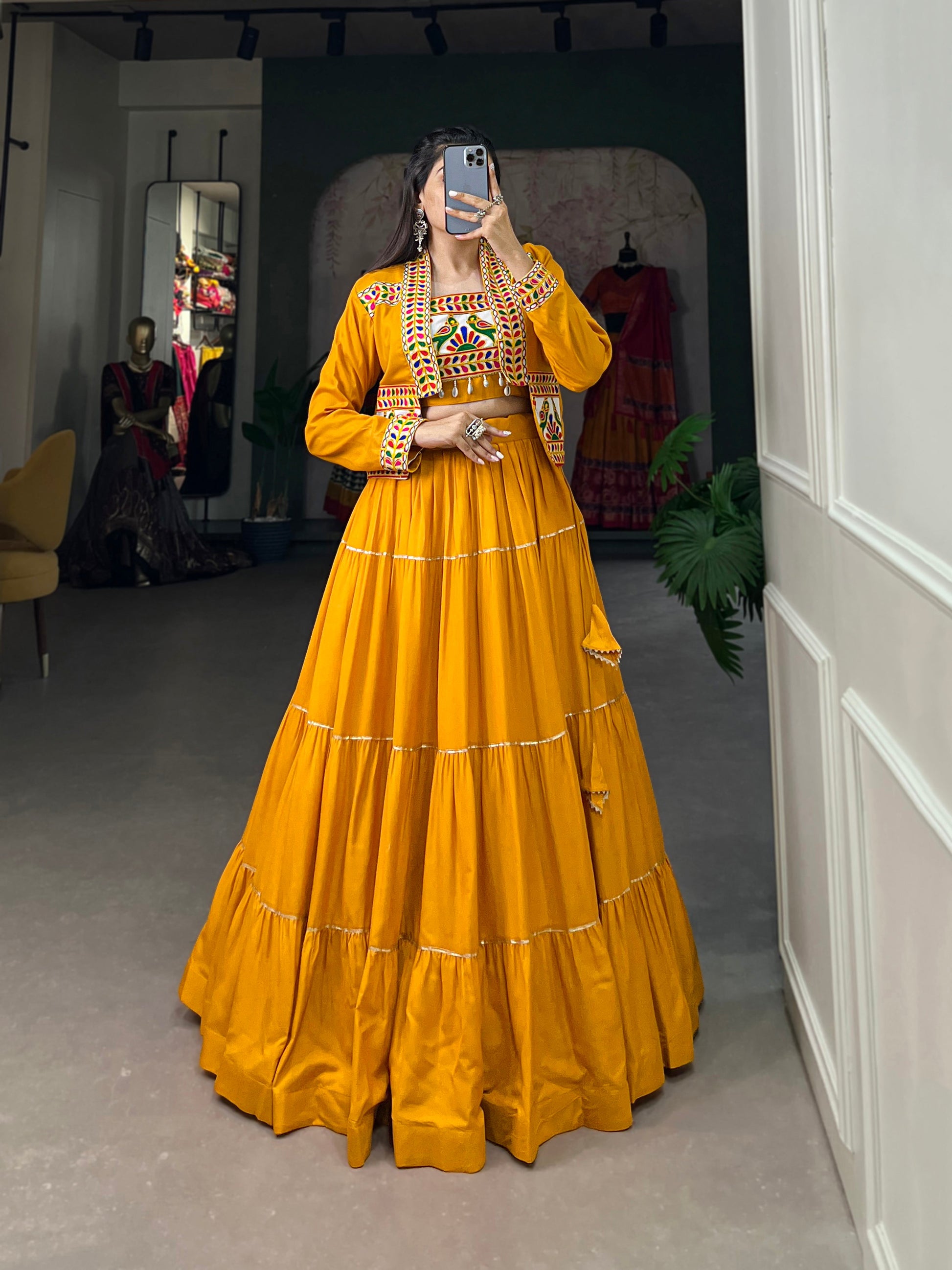 Lorenvalley Fashion Mustard Pure Rayon Plain With Gota Patti Touch Up Lehenga Choli with Koti | Swadesiicart