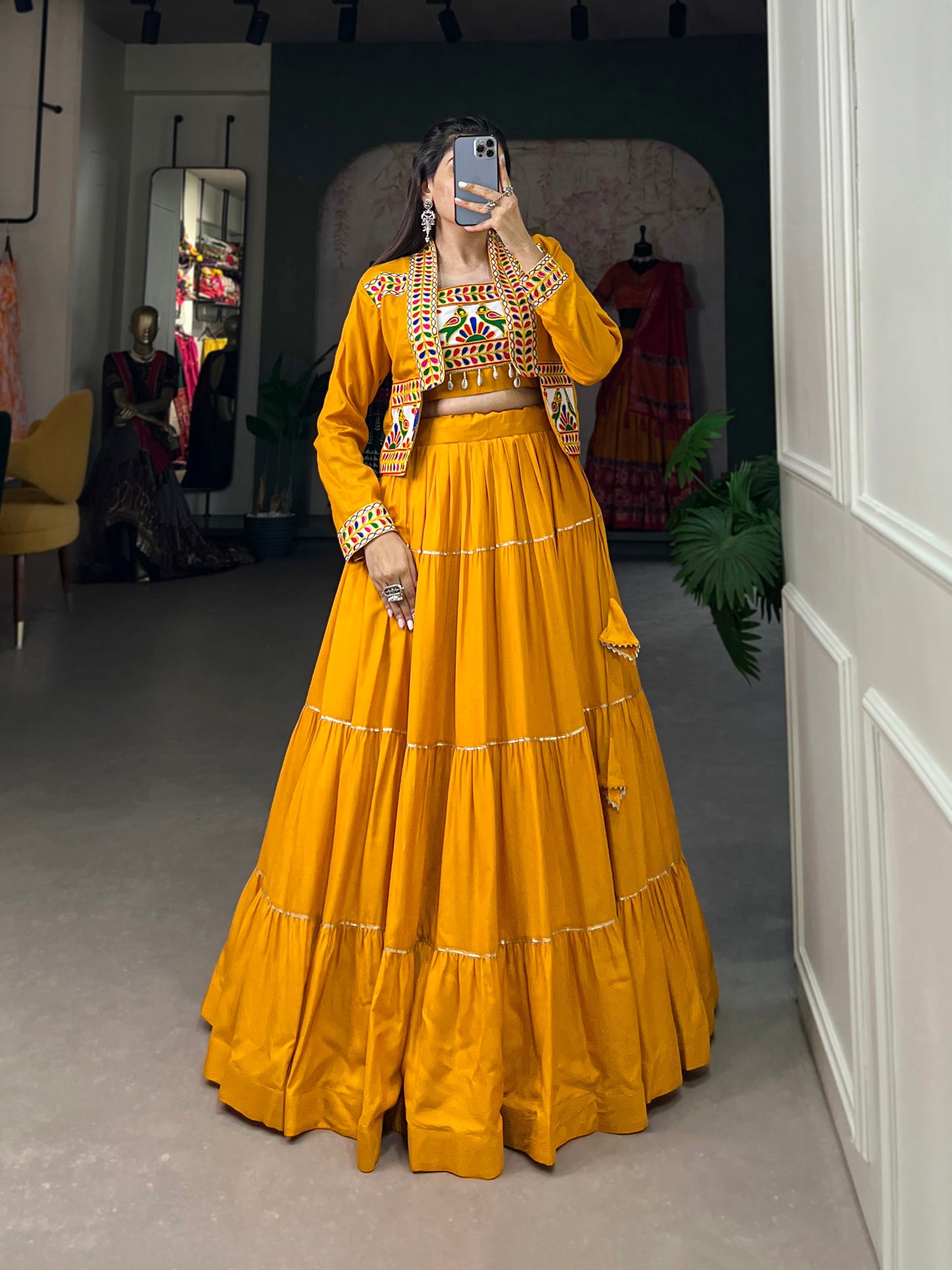 Lorenvalley Fashion Mustard Pure Rayon Plain With Gota Patti Touch Up Lehenga Choli with Koti | Swadesiicart