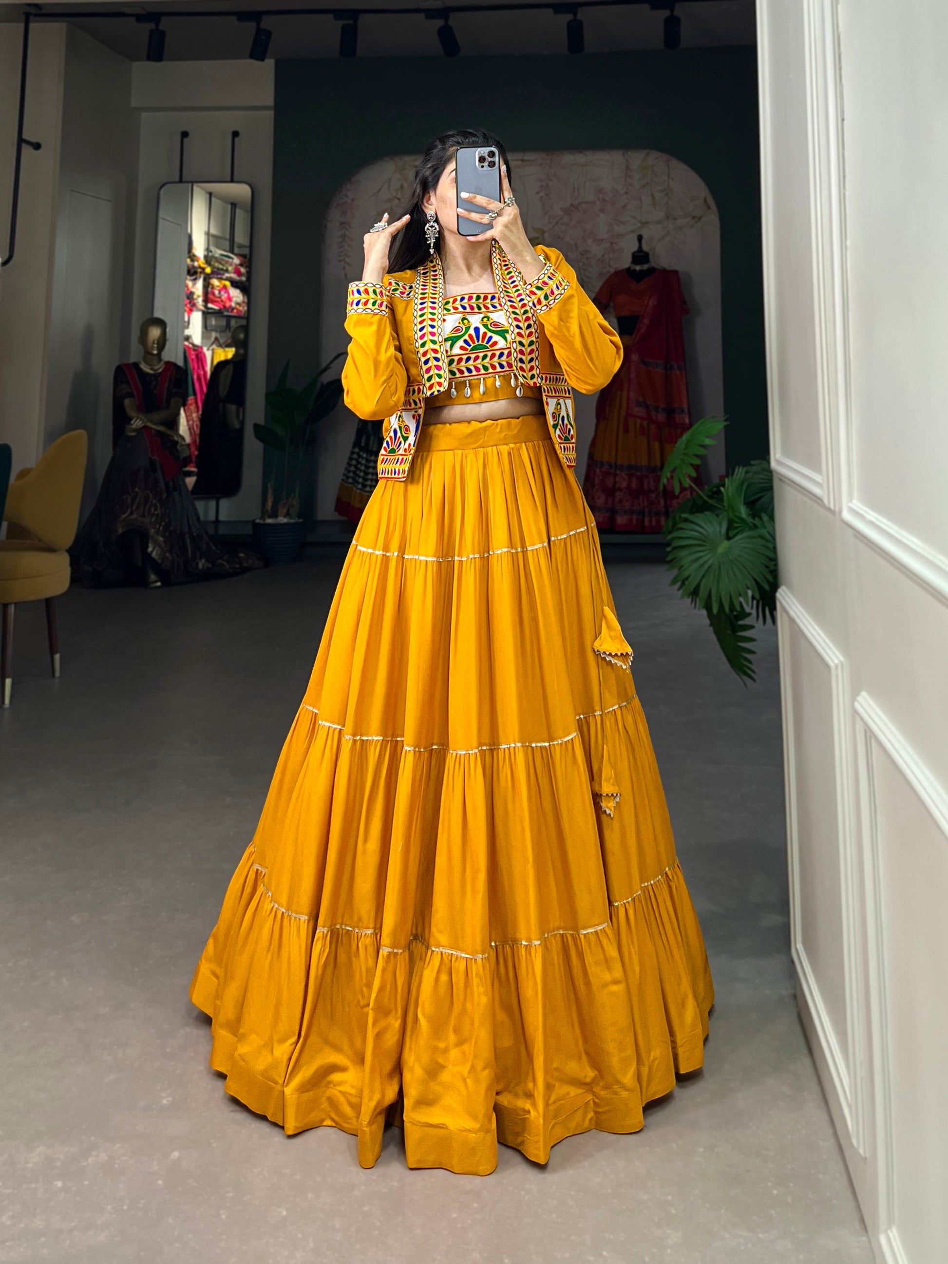 Lorenvalley Fashion Mustard Pure Rayon Plain With Gota Patti Touch Up Lehenga Choli with Koti | Swadesiicart