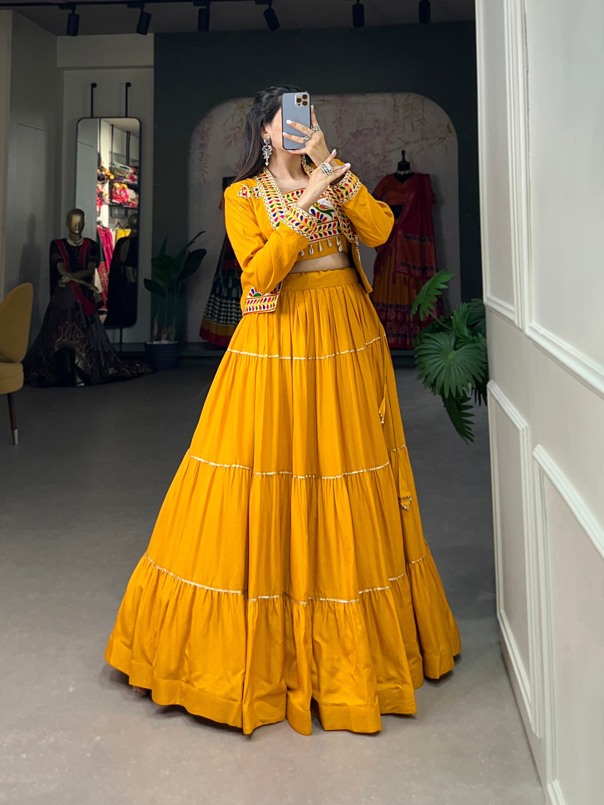 Lorenvalley Fashion Mustard Pure Rayon Plain With Gota Patti Touch Up Lehenga Choli with Koti | Swadesiicart