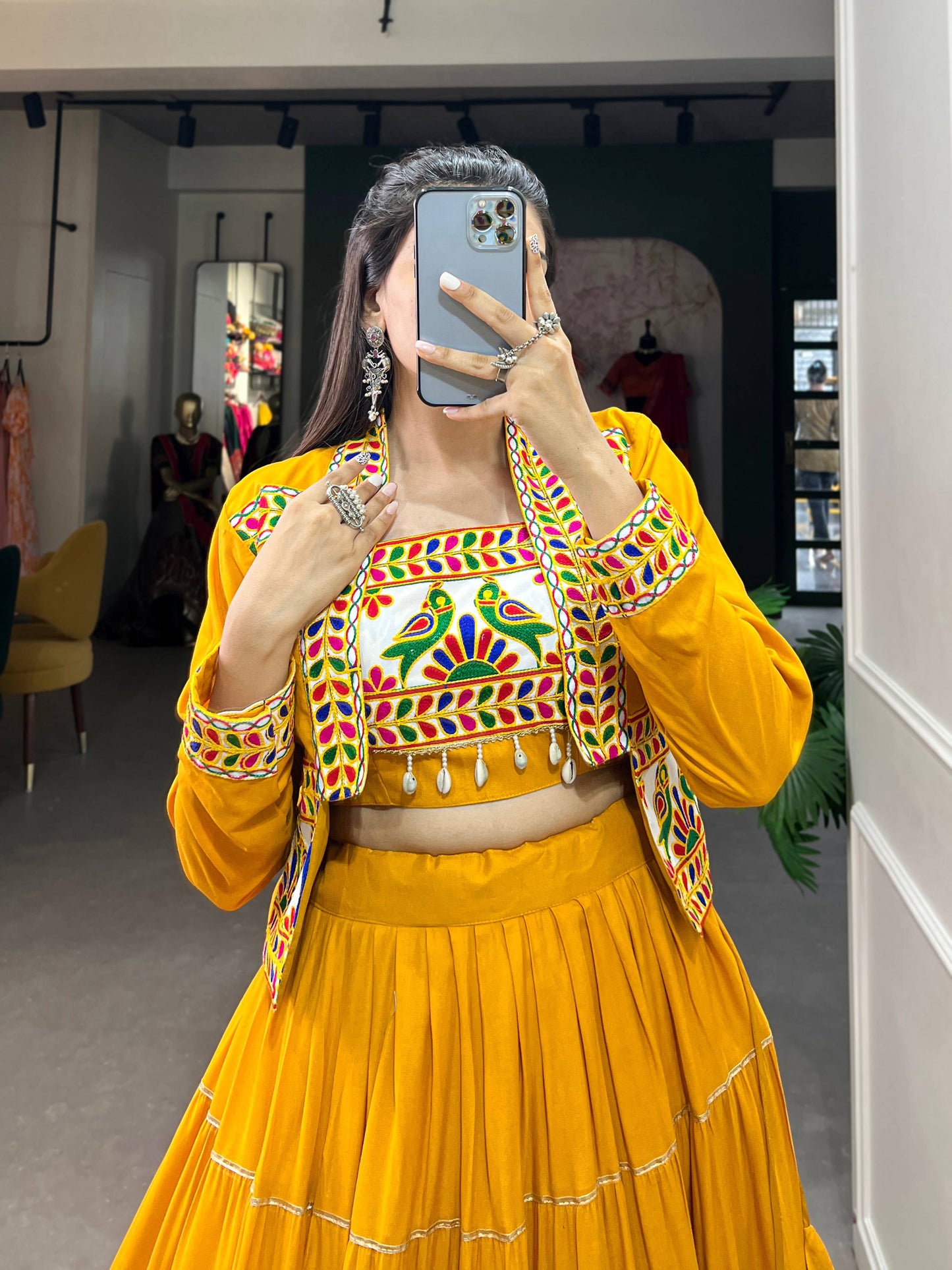 Lorenvalley Fashion Mustard Pure Rayon Plain With Gota Patti Touch Up Lehenga Choli with Koti | Swadesiicart