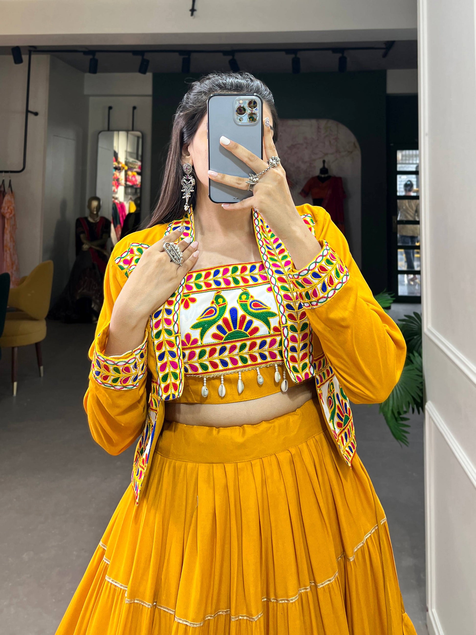 Lorenvalley Fashion Mustard Pure Rayon Plain With Gota Patti Touch Up Lehenga Choli with Koti | Swadesiicart