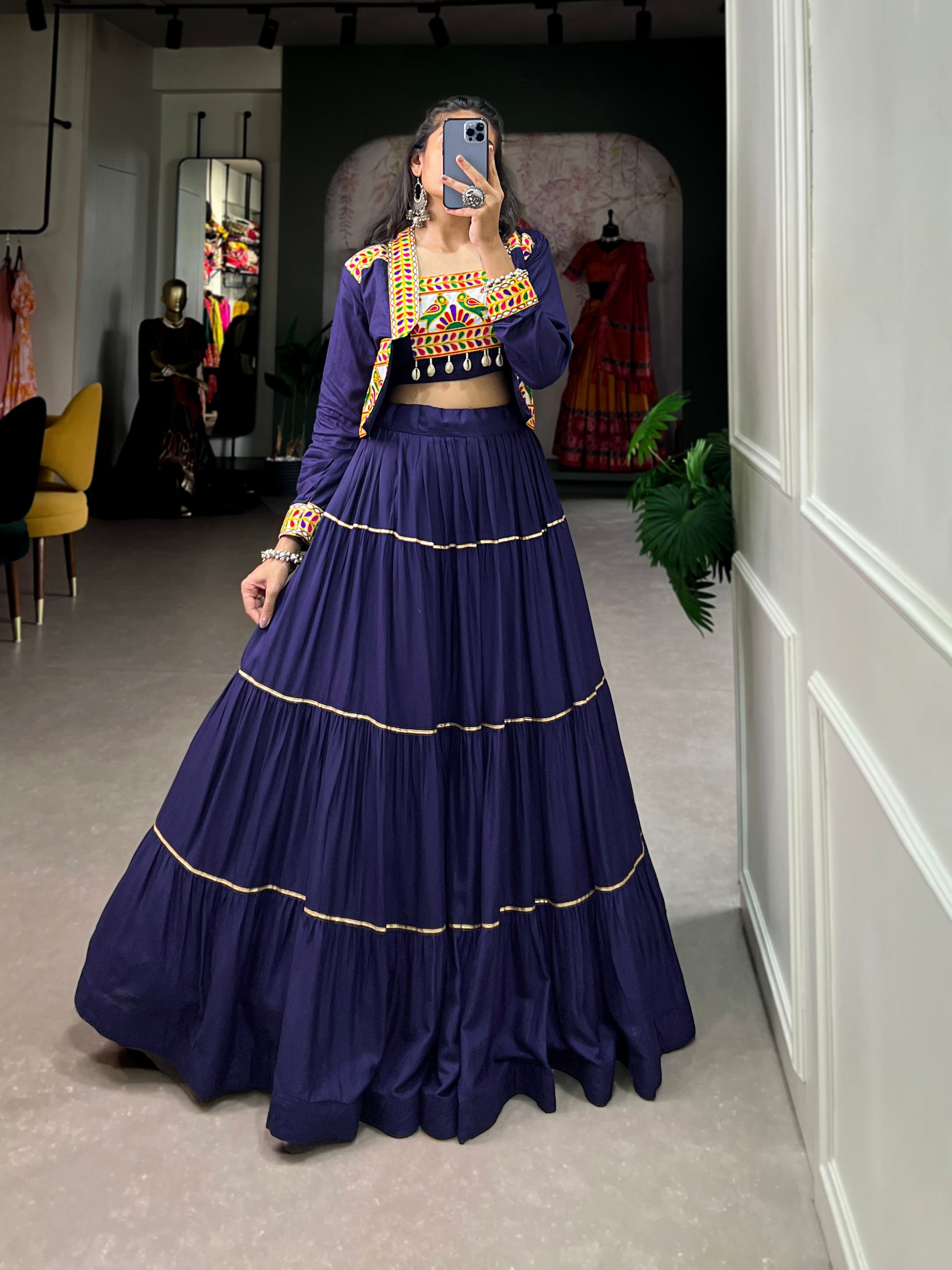 Lorenvalley Fashion Navyblue Pure Rayon Plain With Gota Patti Touch Up Lehenga Choli with Koti | Swadesiicart