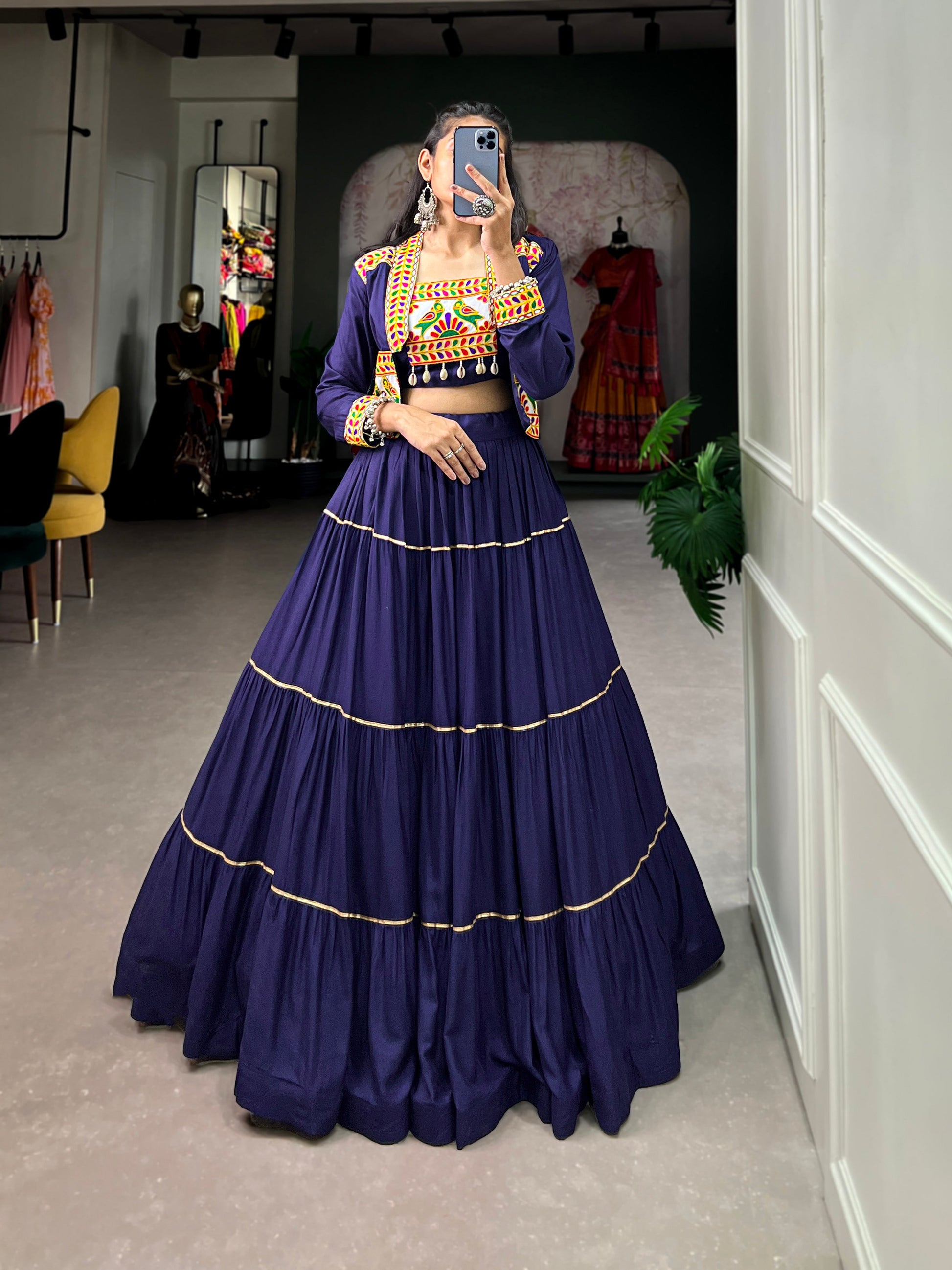 Lorenvalley Fashion Navyblue Pure Rayon Plain With Gota Patti Touch Up Lehenga Choli with Koti | Swadesiicart