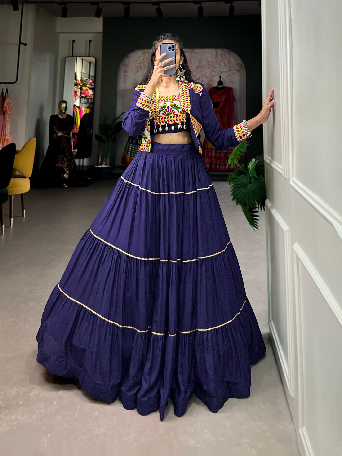Lorenvalley Fashion Navyblue Pure Rayon Plain With Gota Patti Touch Up Lehenga Choli with Koti | Swadesiicart