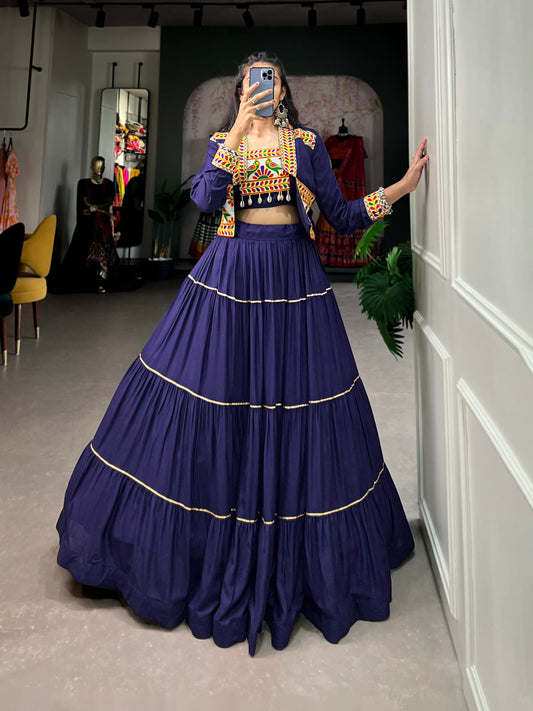 Lorenvalley Fashion Navyblue Pure Rayon Plain With Gota Patti Touch Up Lehenga Choli with Koti | Swadesiicart