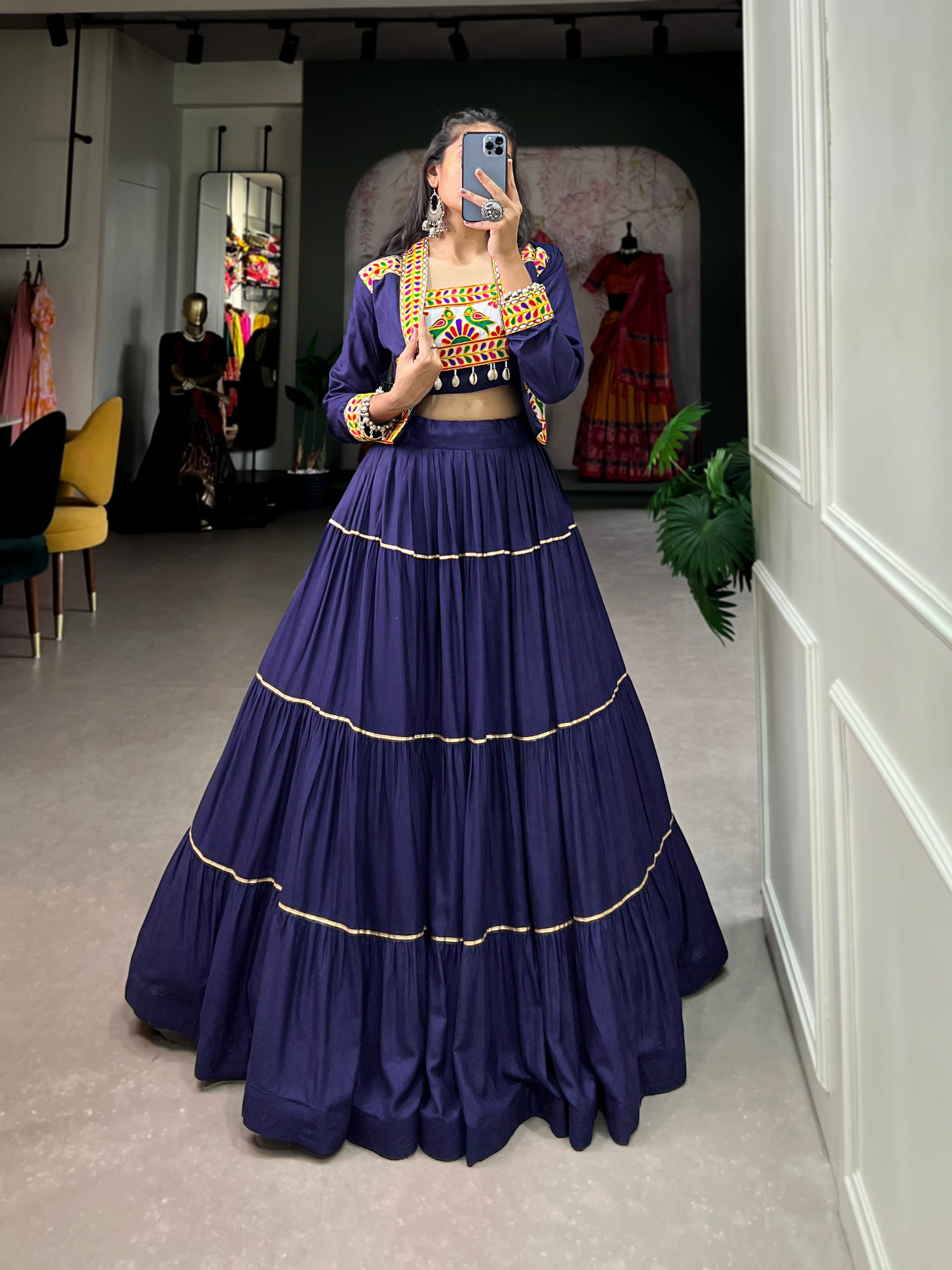 Lorenvalley Fashion Navyblue Pure Rayon Plain With Gota Patti Touch Up Lehenga Choli with Koti | Swadesiicart