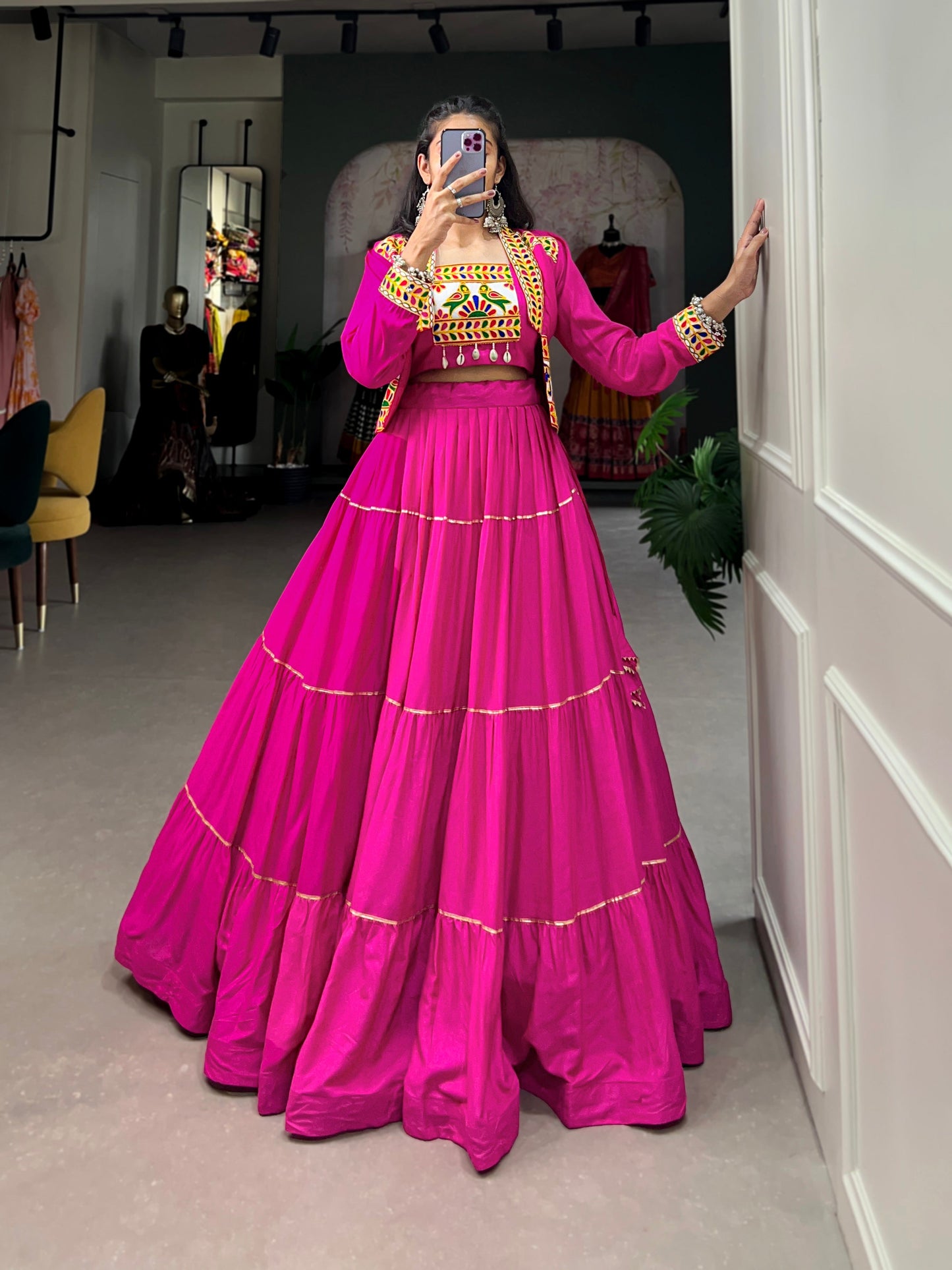 Lorenvalley Fashion Pink Pure Rayon Plain With Gota Patti Touch Up Lehenga Choli with Koti | Swadesiicart