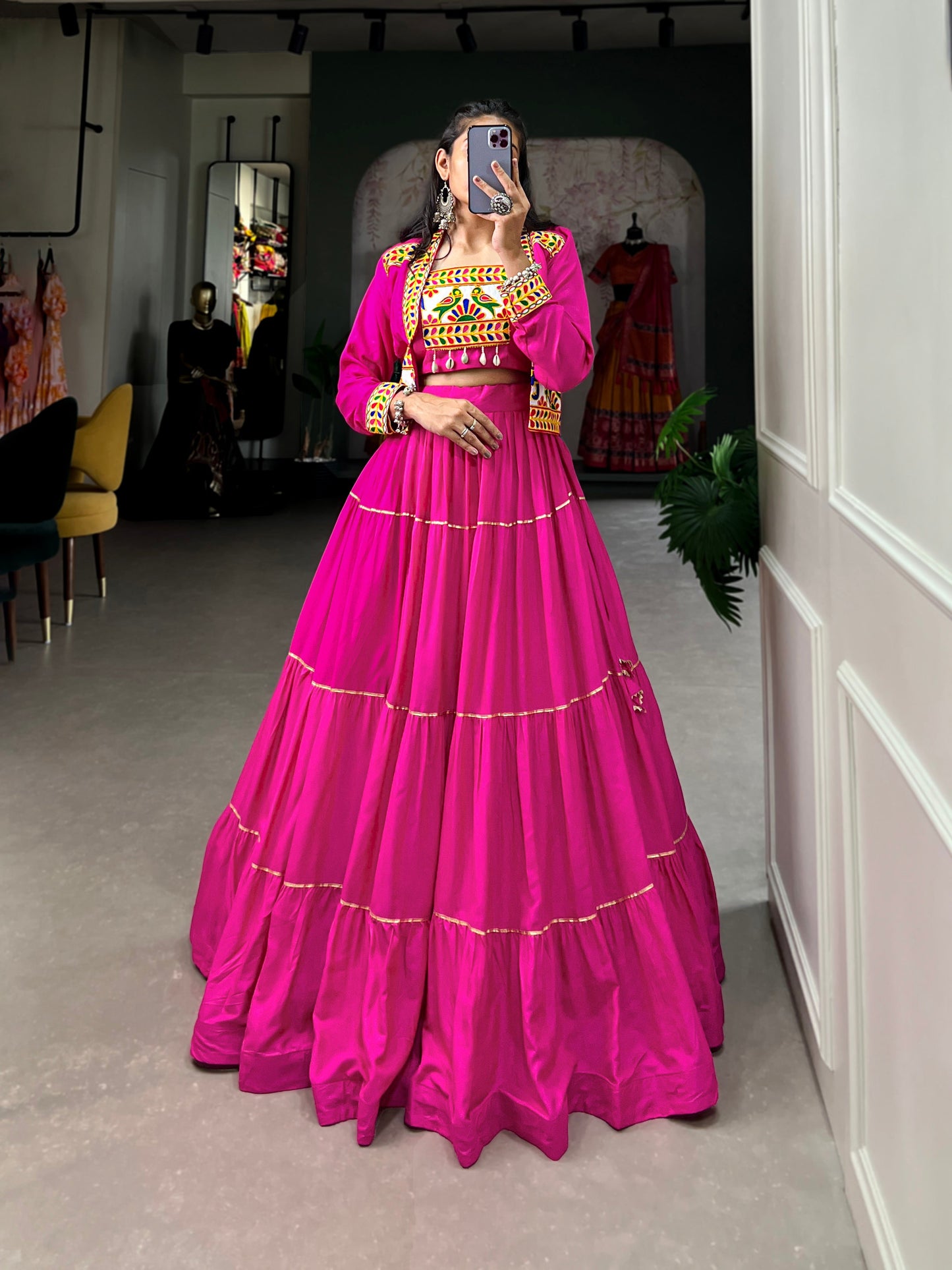 Lorenvalley Fashion Pink Pure Rayon Plain With Gota Patti Touch Up Lehenga Choli with Koti | Swadesiicart