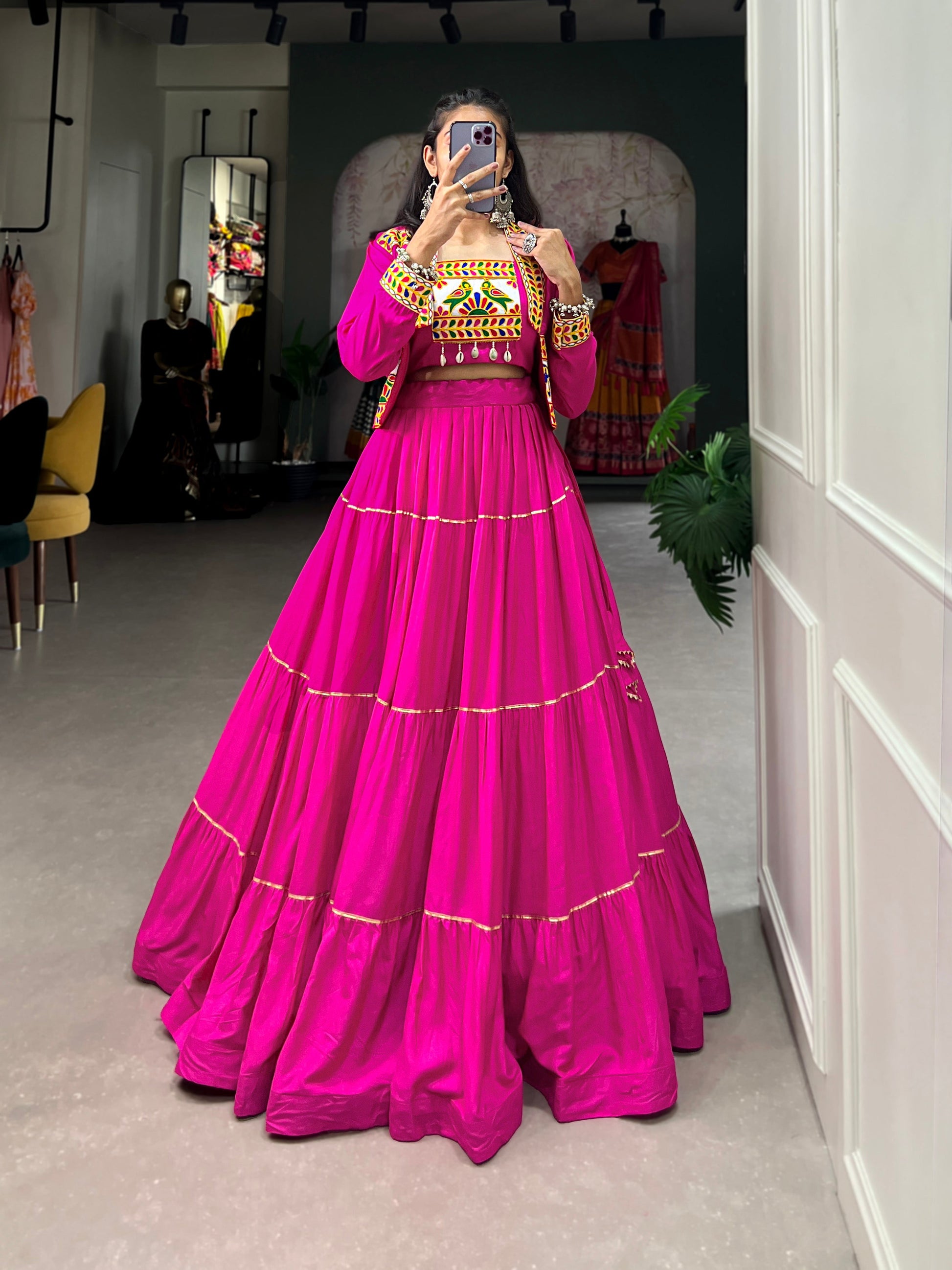 Lorenvalley Fashion Pink Pure Rayon Plain With Gota Patti Touch Up Lehenga Choli with Koti | Swadesiicart