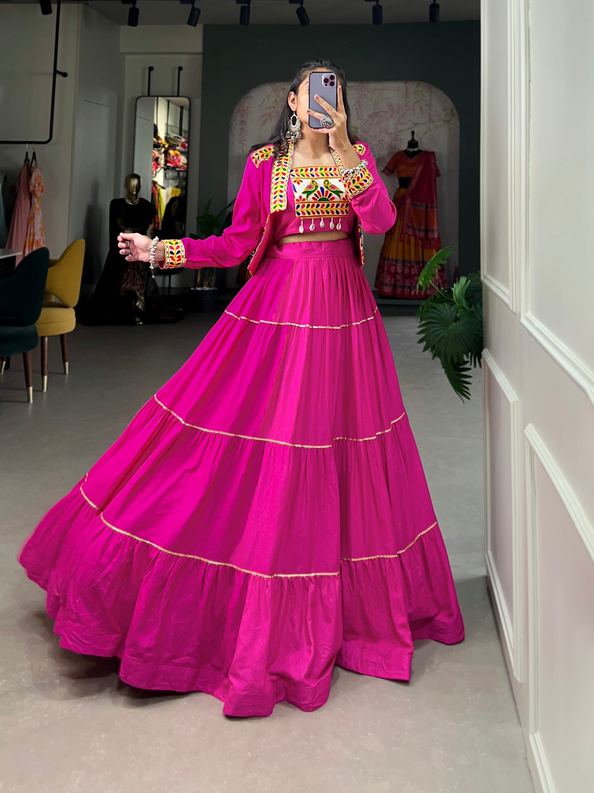 Lorenvalley Fashion Pink Pure Rayon Plain With Gota Patti Touch Up Lehenga Choli with Koti | Swadesiicart