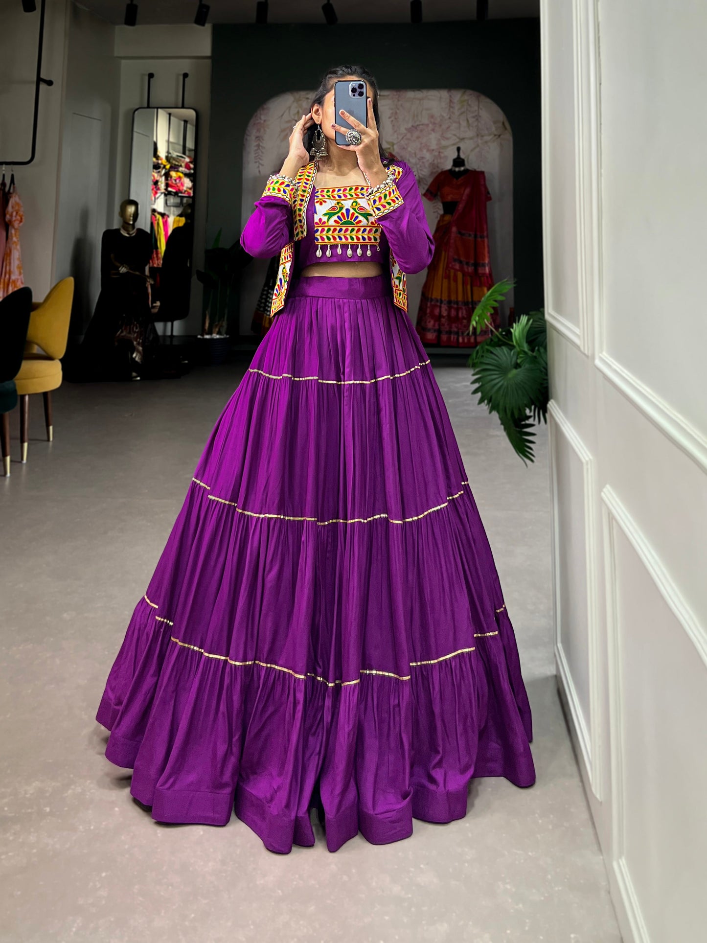 Lorenvalley Fashion Purple Pure Rayon Plain With Gota Patti Touch Up Lehenga Choli with Koti | Swadesiicart