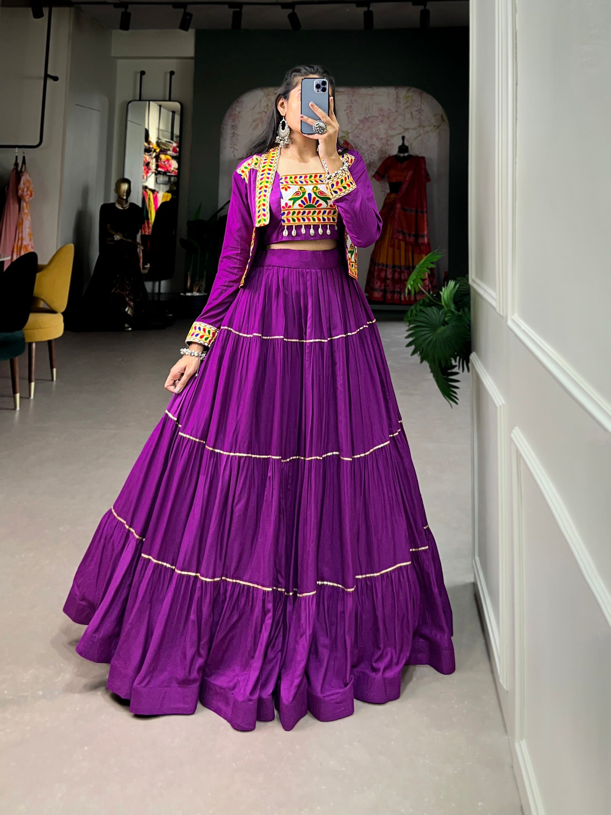 Lorenvalley Fashion Purple Pure Rayon Plain With Gota Patti Touch Up Lehenga Choli with Koti | Swadesiicart