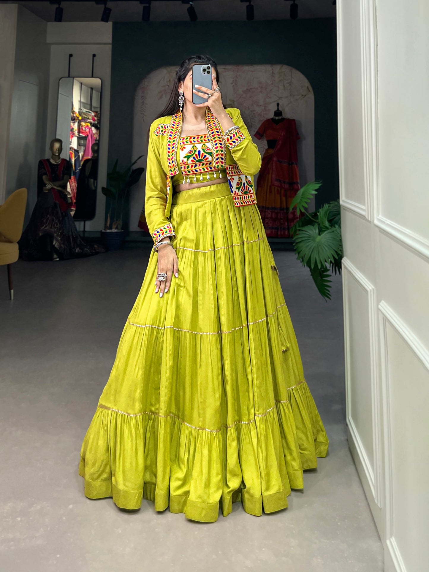 Lorenvalley Fashion Parotgreen Pure Rayon Plain With Gota Patti Touch Up Lehenga Choli with Koti | Swadesiicart