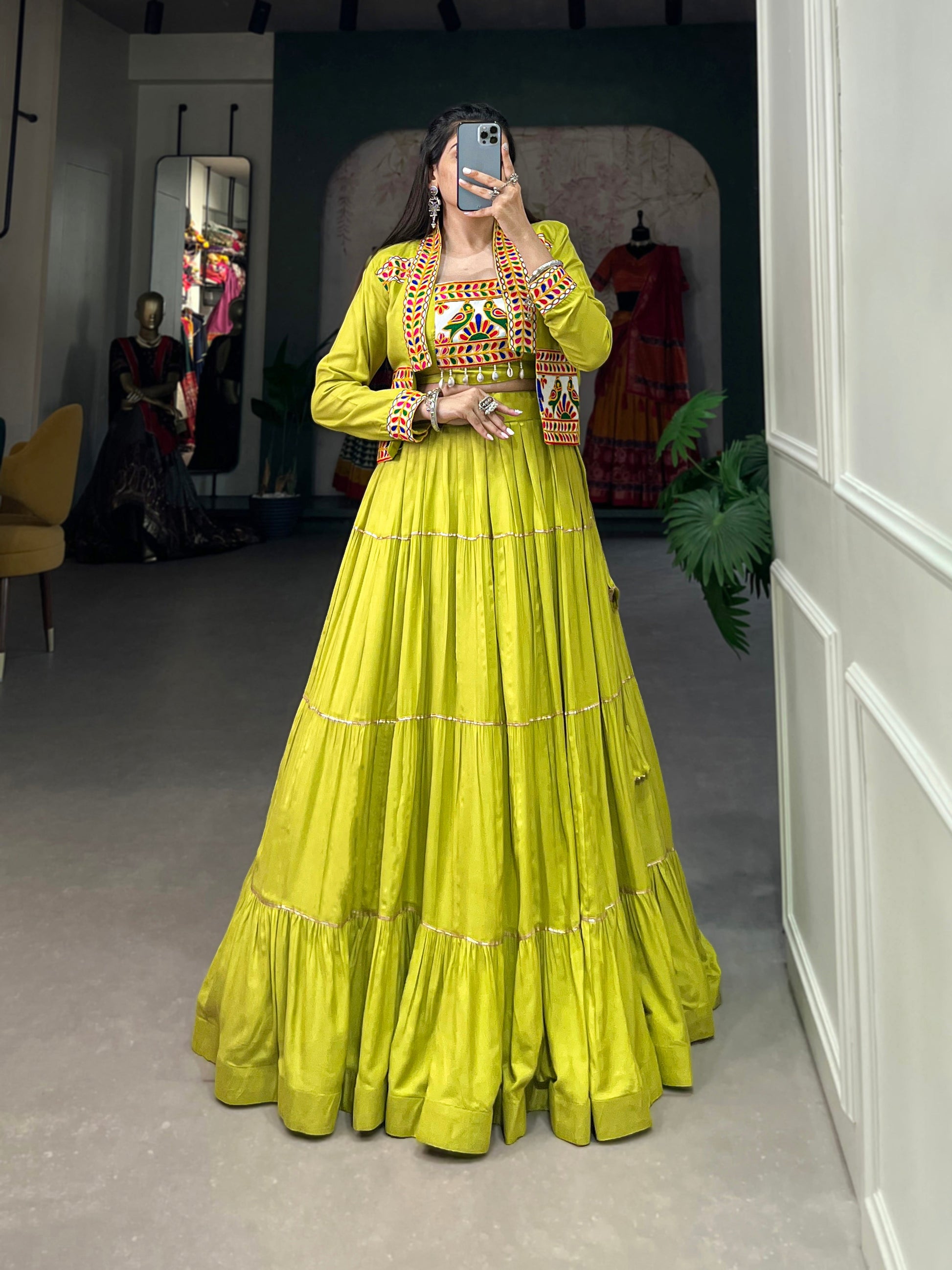Lorenvalley Fashion Parotgreen Pure Rayon Plain With Gota Patti Touch Up Lehenga Choli with Koti | Swadesiicart